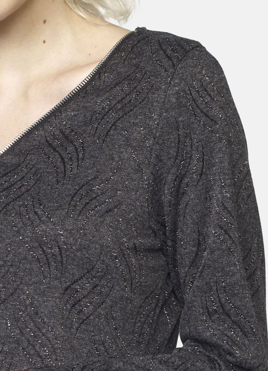 Camiseta Manga Larga Mujer Escote Cremallera Detalles Lurex – Koroshi Gris