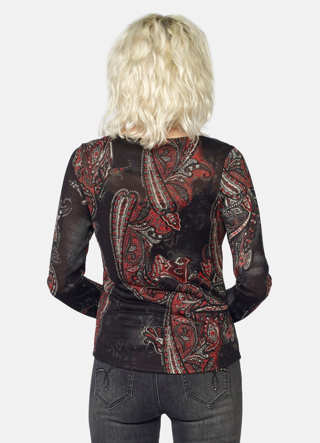 Camiseta Manga Larga Mujer Estampado Cachemir Cuello Pico – Koroshi Rojo