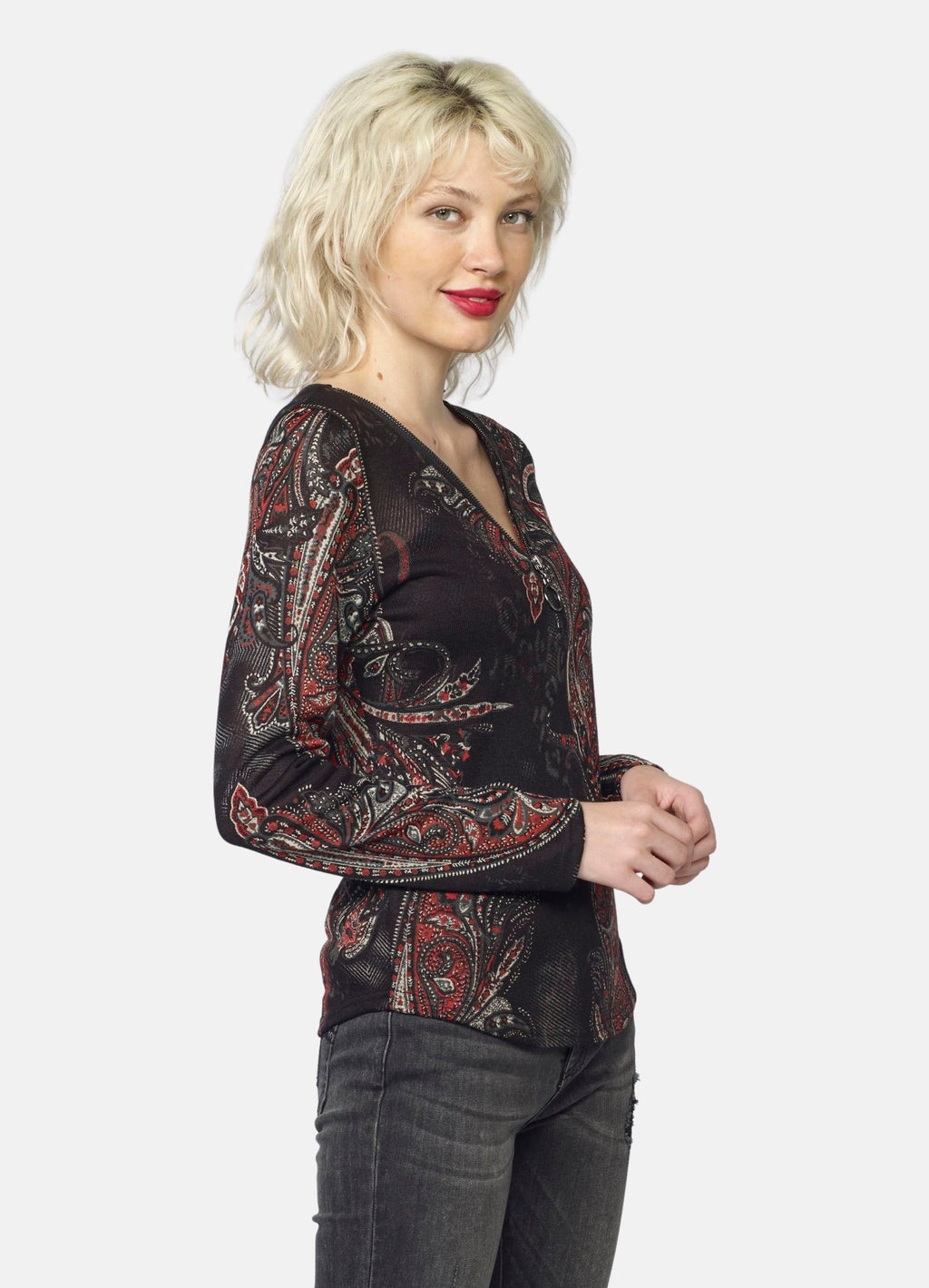 Camiseta Manga Larga Mujer Estampado Cachemir Cuello Pico – Koroshi Rojo