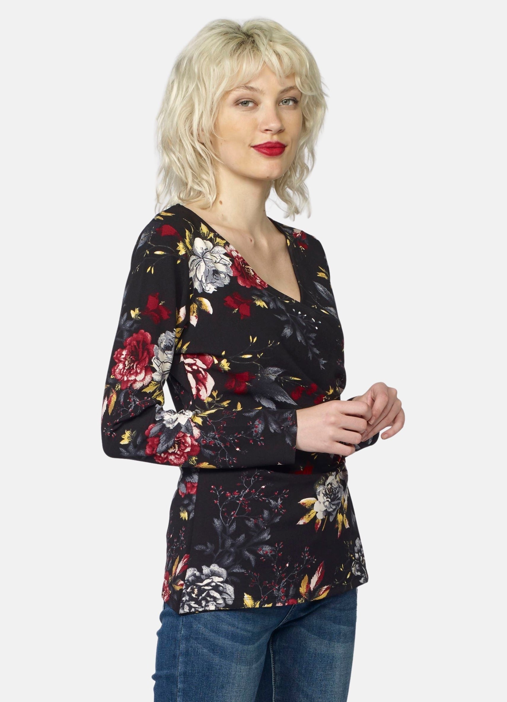 Camiseta Manga Larga Mujer Estampado Floral Escote Cruzado – Koroshi Negra