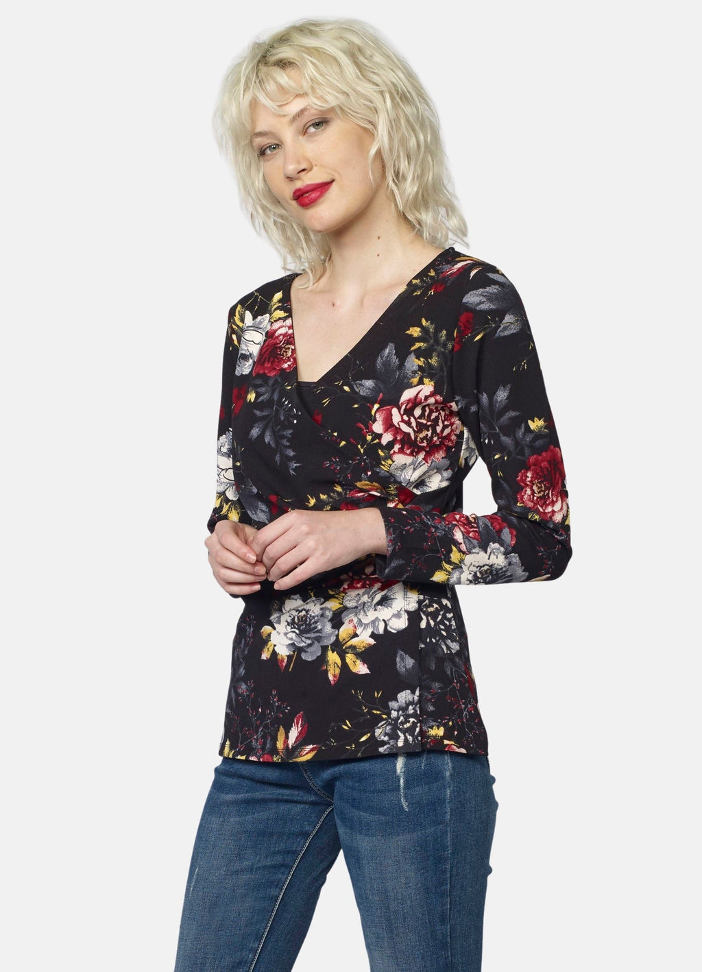 Camiseta Manga Larga Mujer Estampado Floral Escote Cruzado – Koroshi Negra