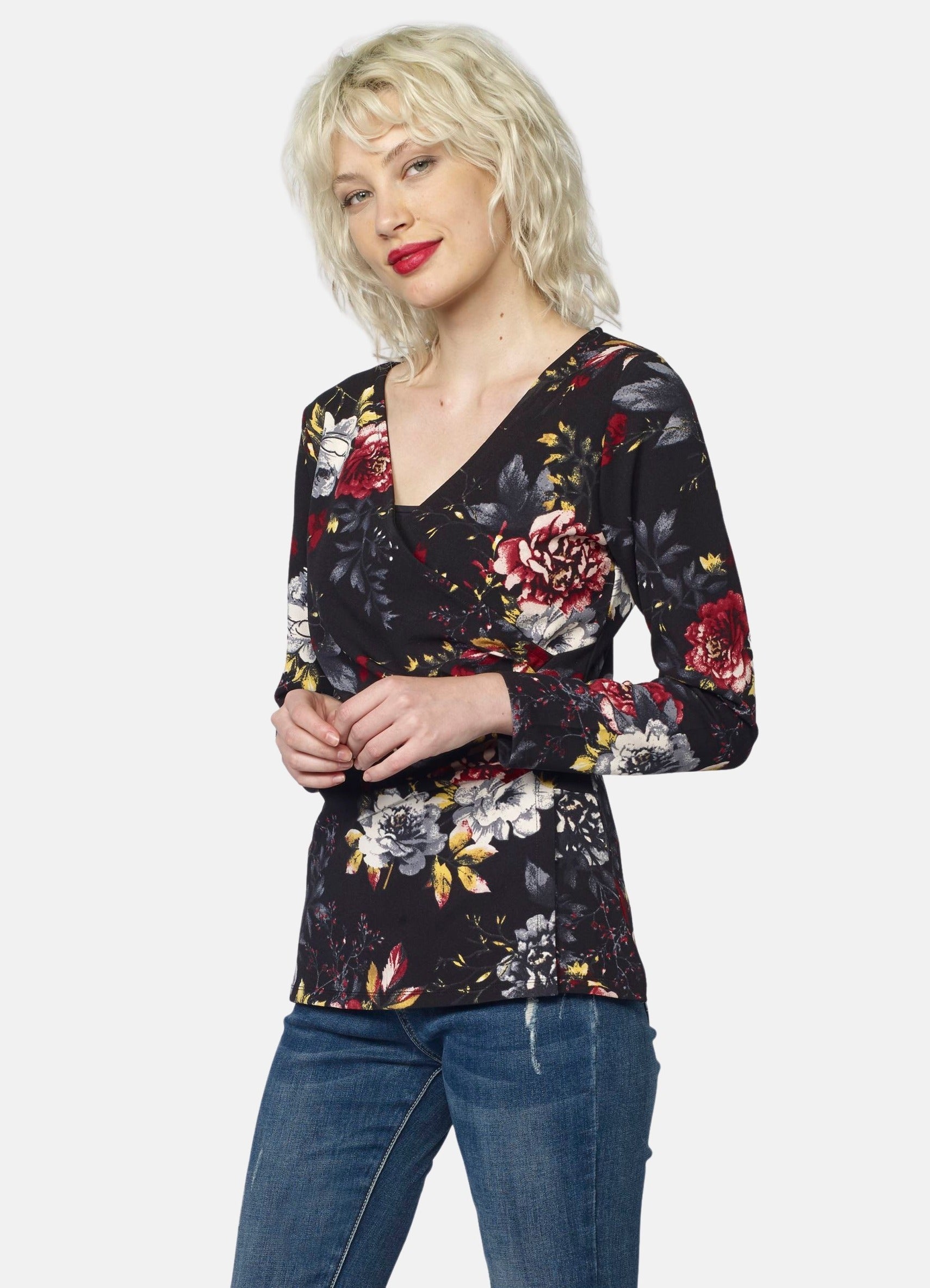 Camiseta Manga Larga Mujer Estampado Floral Escote Cruzado – Koroshi Negra