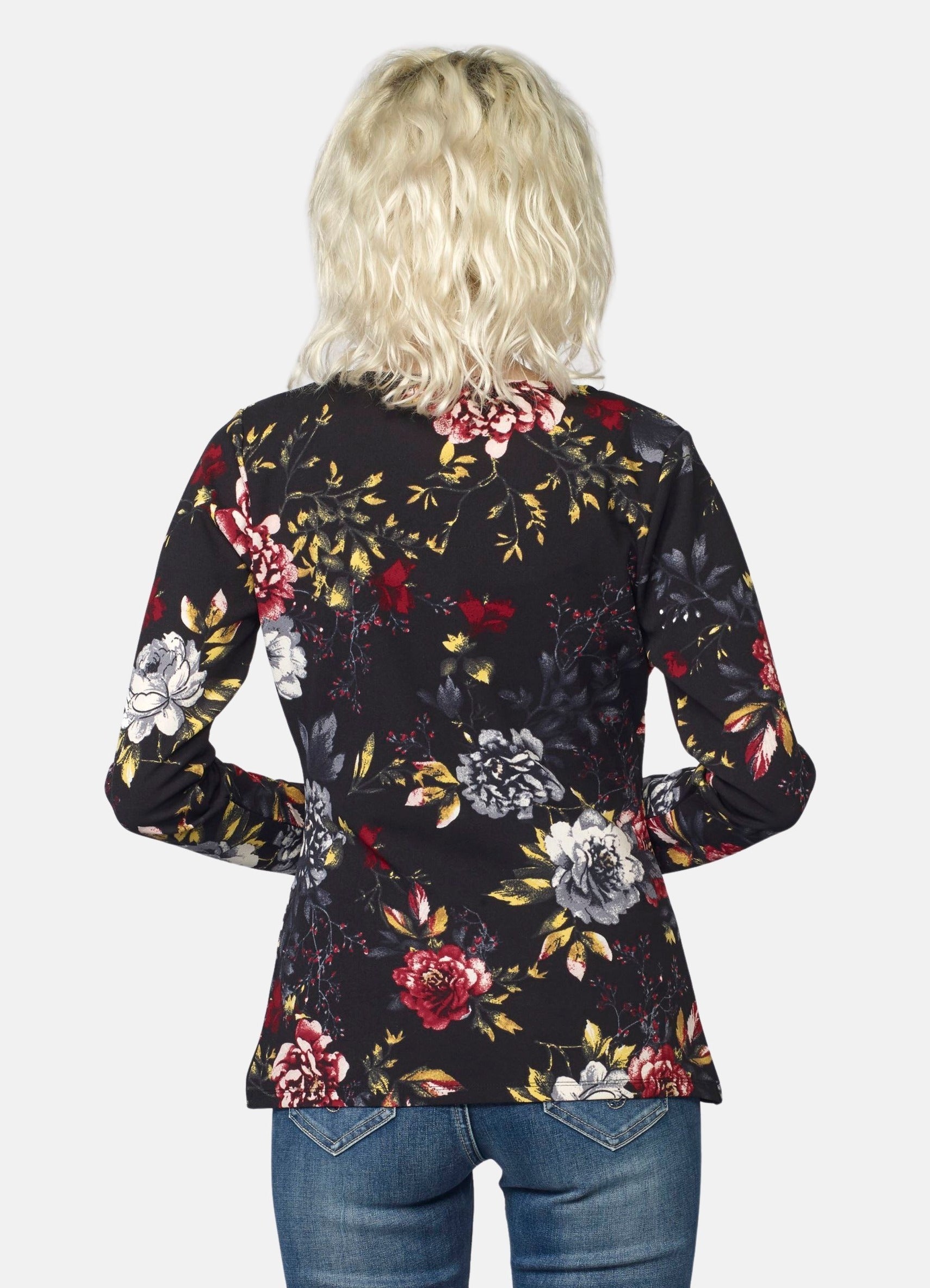 Camiseta Manga Larga Mujer Estampado Floral Escote Cruzado – Koroshi Negra