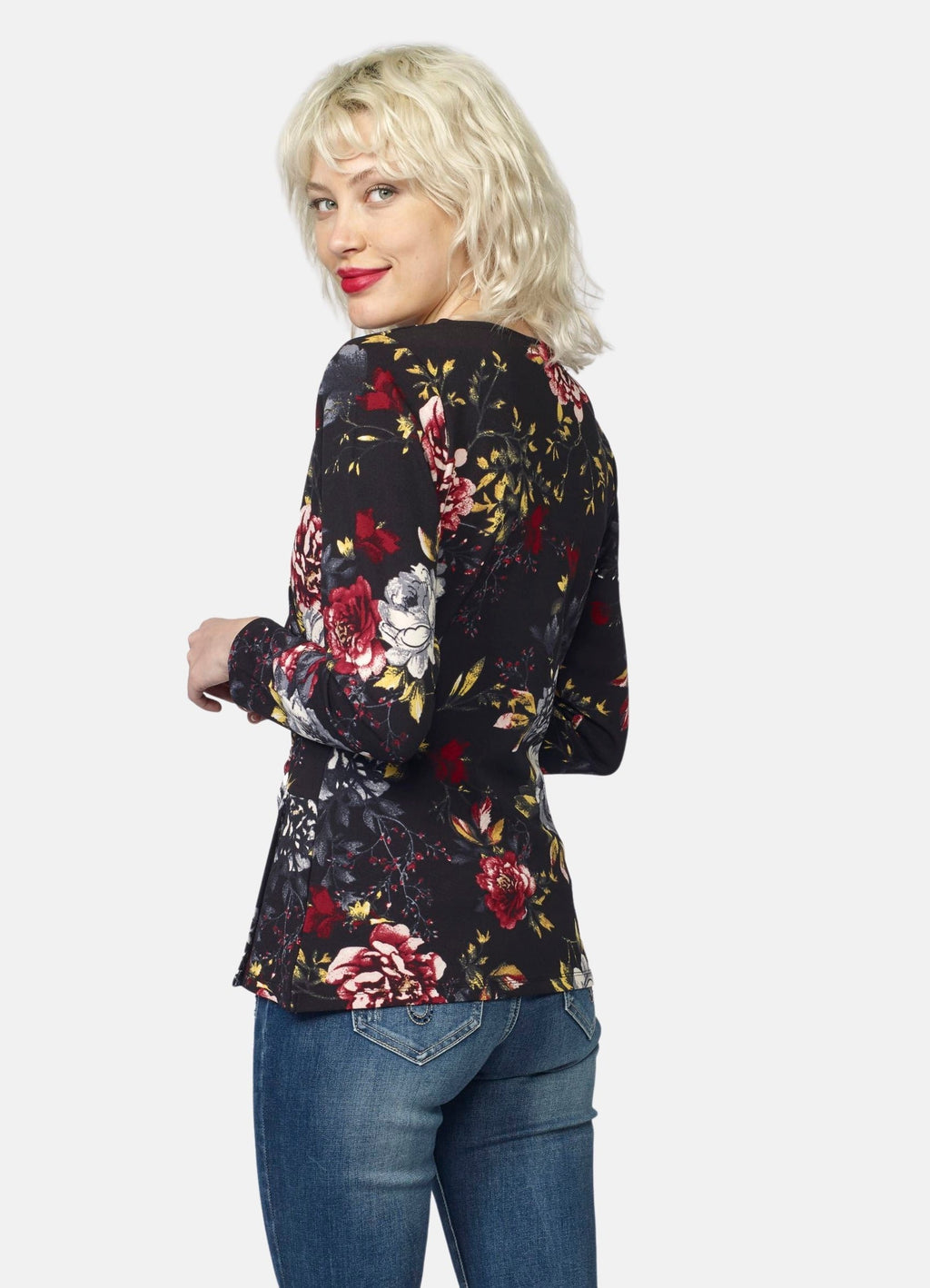 Camiseta Manga Larga Mujer Estampado Floral Escote Cruzado – Koroshi Negra
