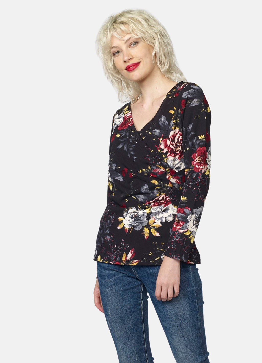 Camiseta Manga Larga Mujer Estampado Floral Escote Cruzado – Koroshi Negra