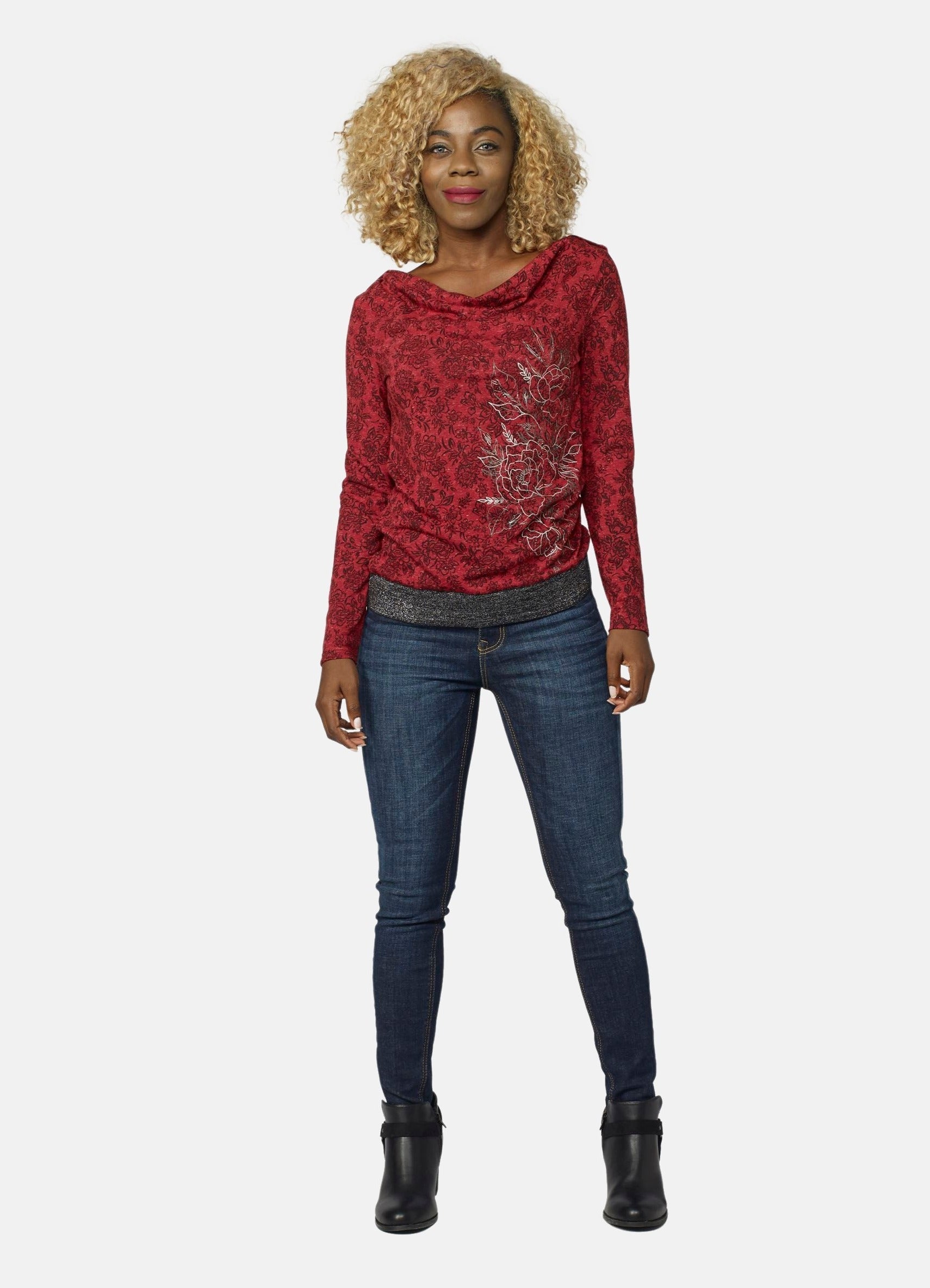 Camiseta Manga Larga Mujer Estampado Floral Foil Escote Drapeado – Koroshi Rojo