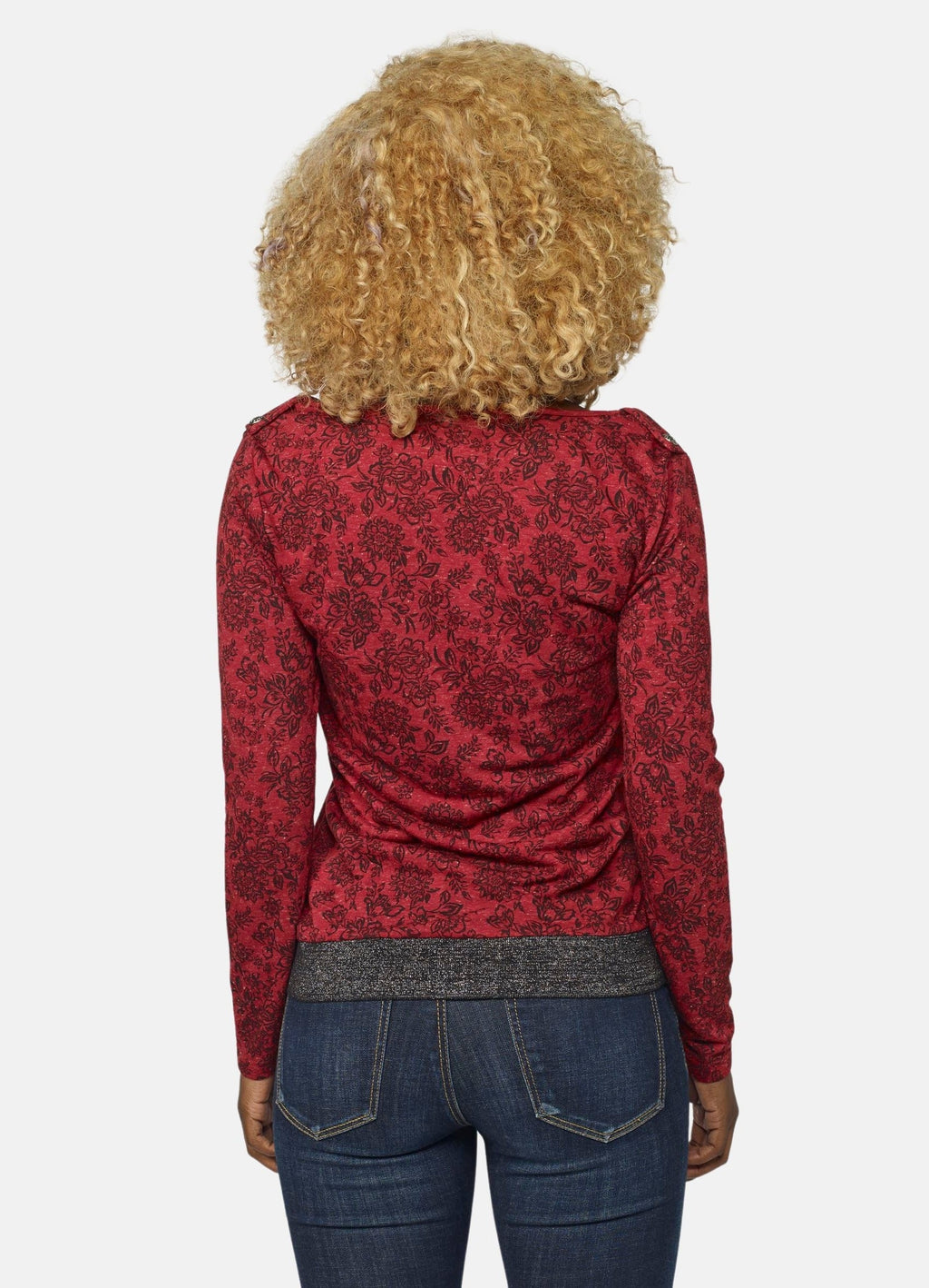 Camiseta Manga Larga Mujer Estampado Floral Foil Escote Drapeado – Koroshi Rojo