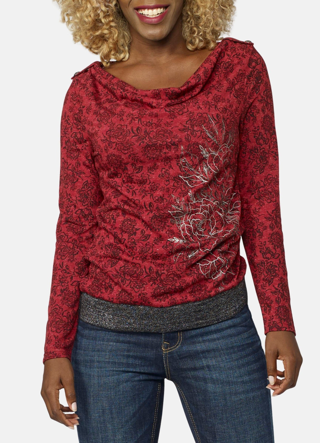 Camiseta Manga Larga Mujer Estampado Floral Foil Escote Drapeado – Koroshi Rojo