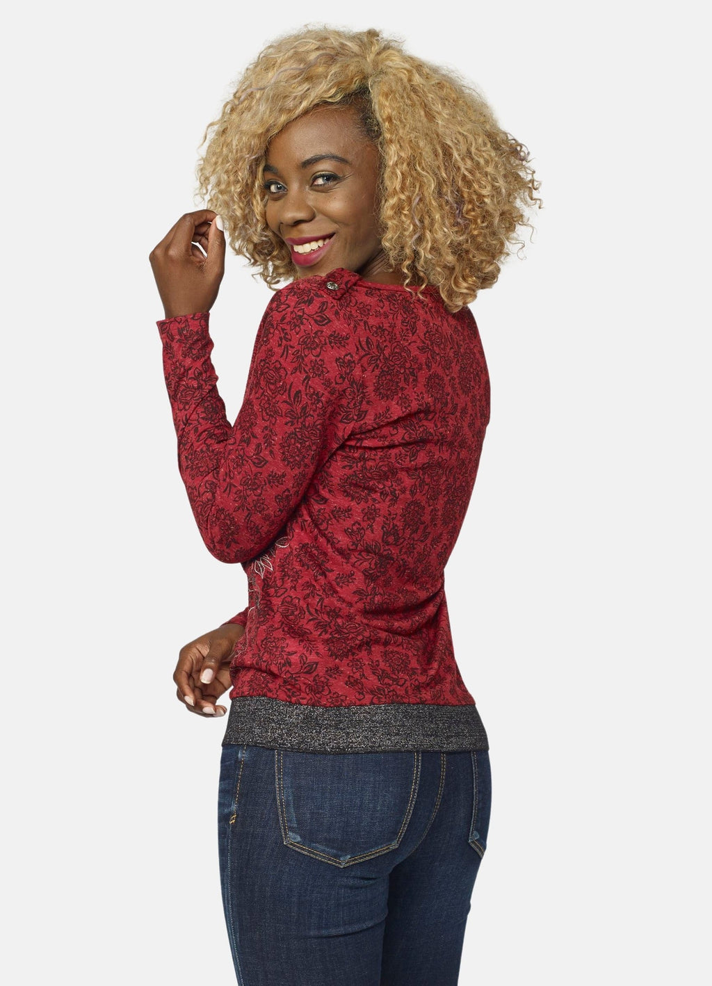 Camiseta Manga Larga Mujer Estampado Floral Foil Escote Drapeado – Koroshi Rojo