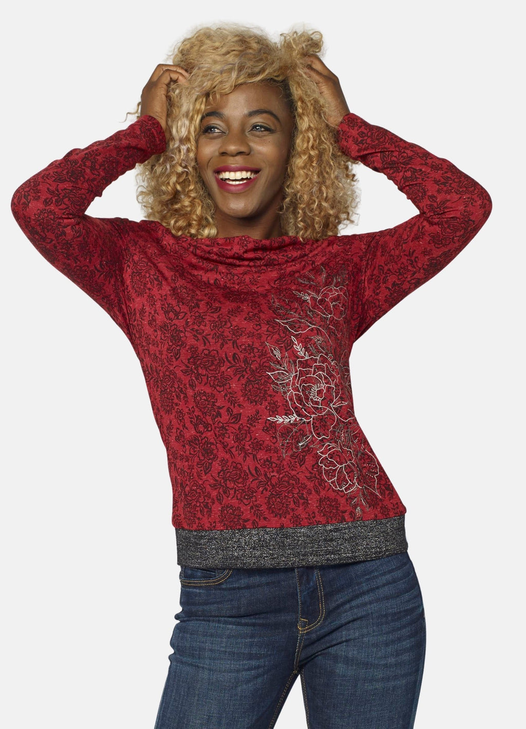 Camiseta Manga Larga Mujer Estampado Floral Foil Escote Drapeado – Koroshi Rojo