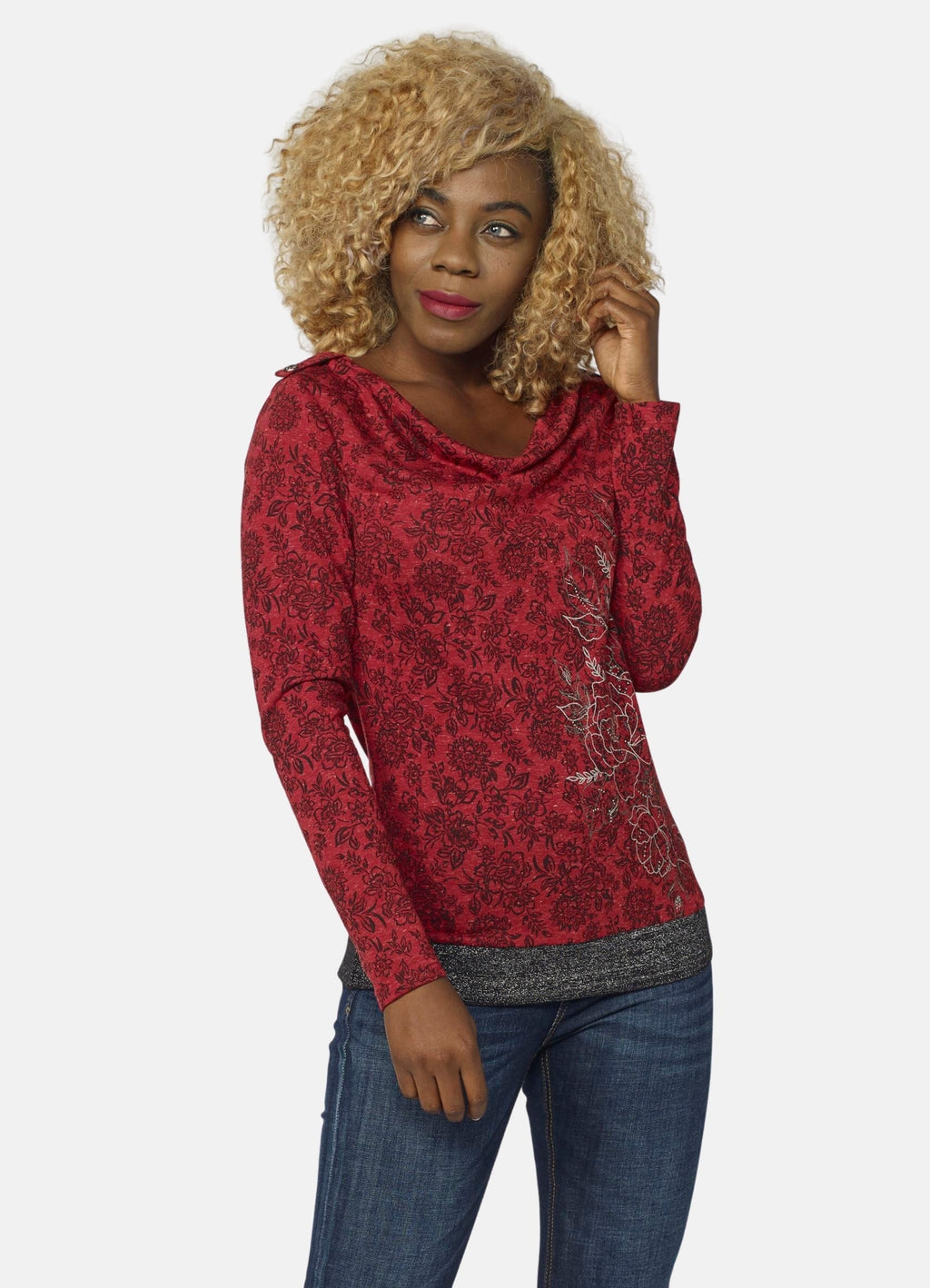 Camiseta Manga Larga Mujer Estampado Floral Foil Escote Drapeado – Koroshi Rojo