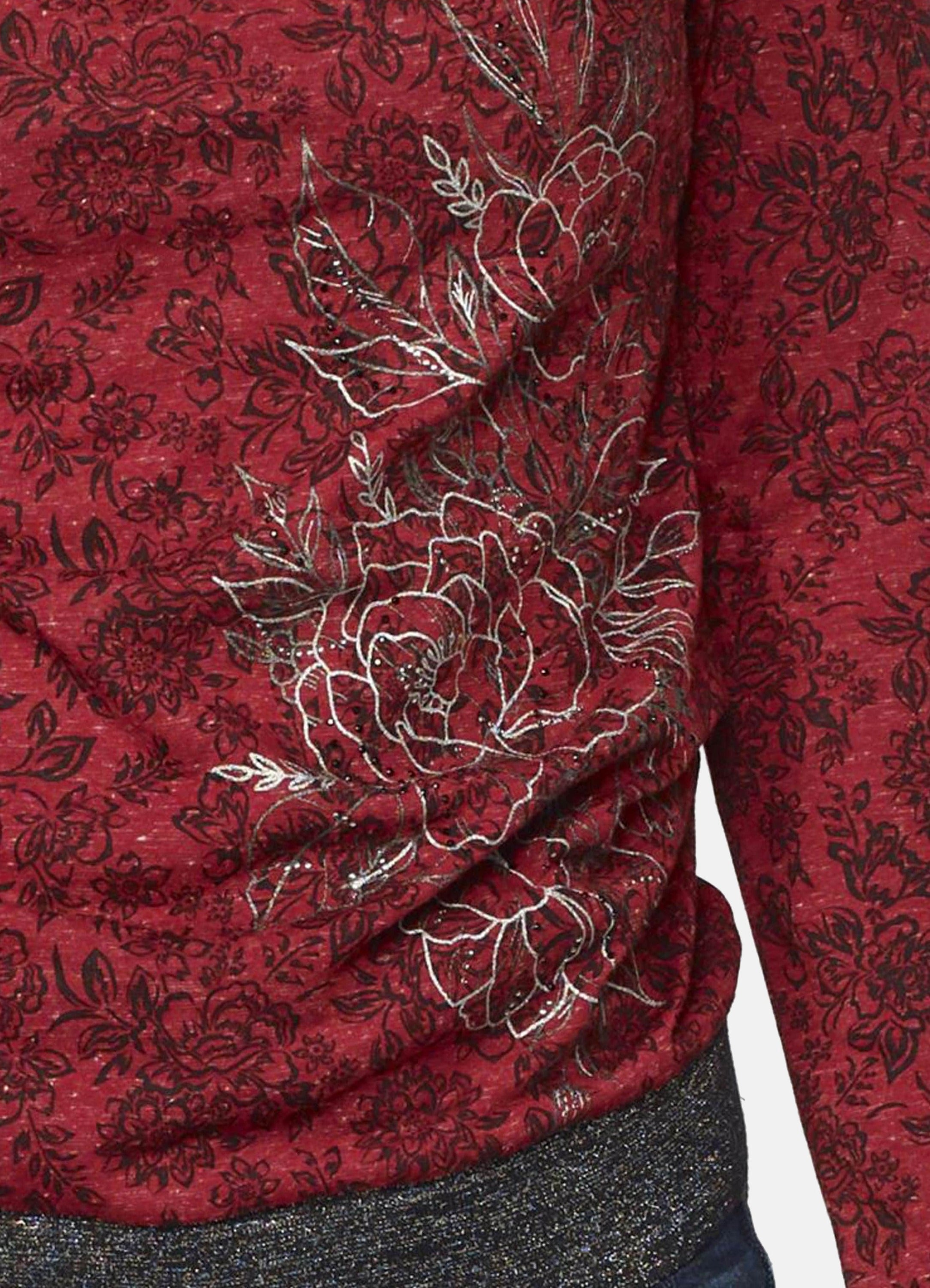 Camiseta Manga Larga Mujer Estampado Floral Foil Escote Drapeado – Koroshi Rojo
