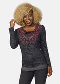 Camiseta Manga Larga Mujer Foil y Brillantes Escote Drapeado – Koroshi Negra