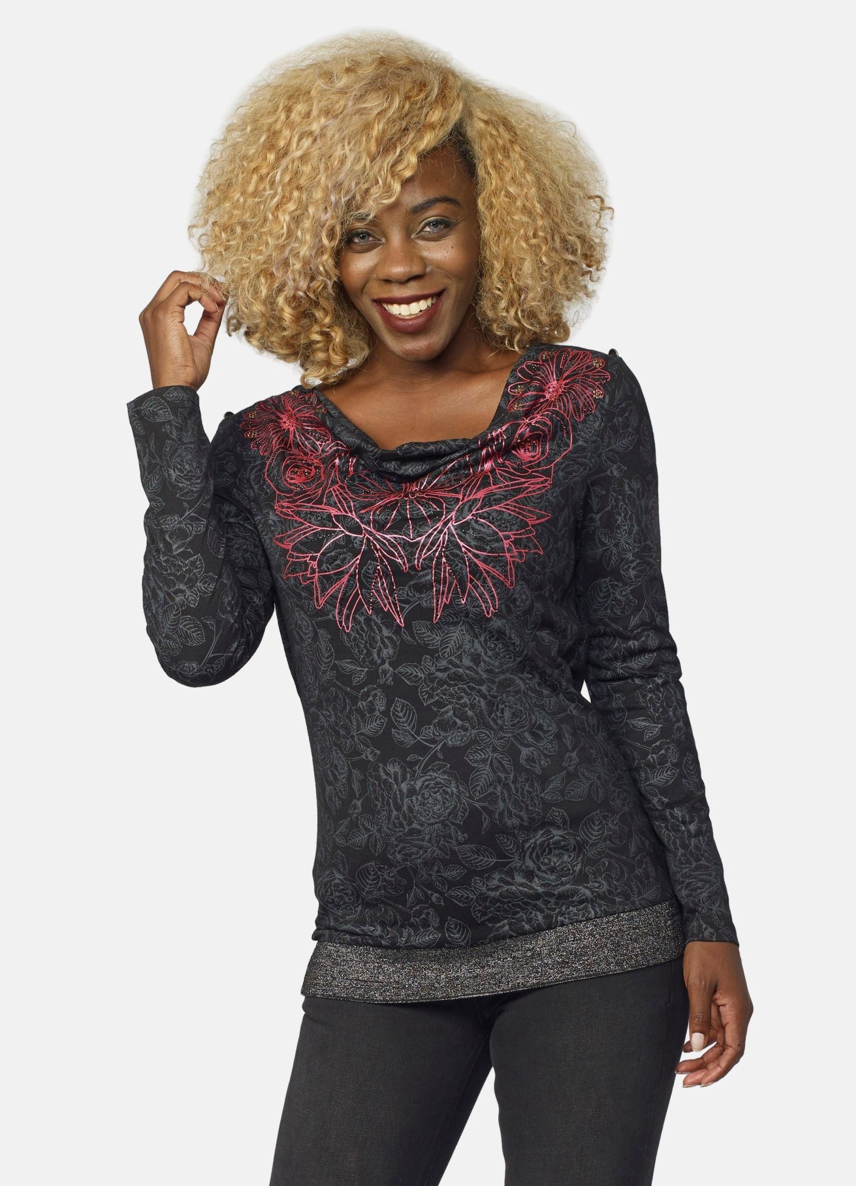 Camiseta Manga Larga Mujer Foil y Brillantes Escote Drapeado – Koroshi Negra