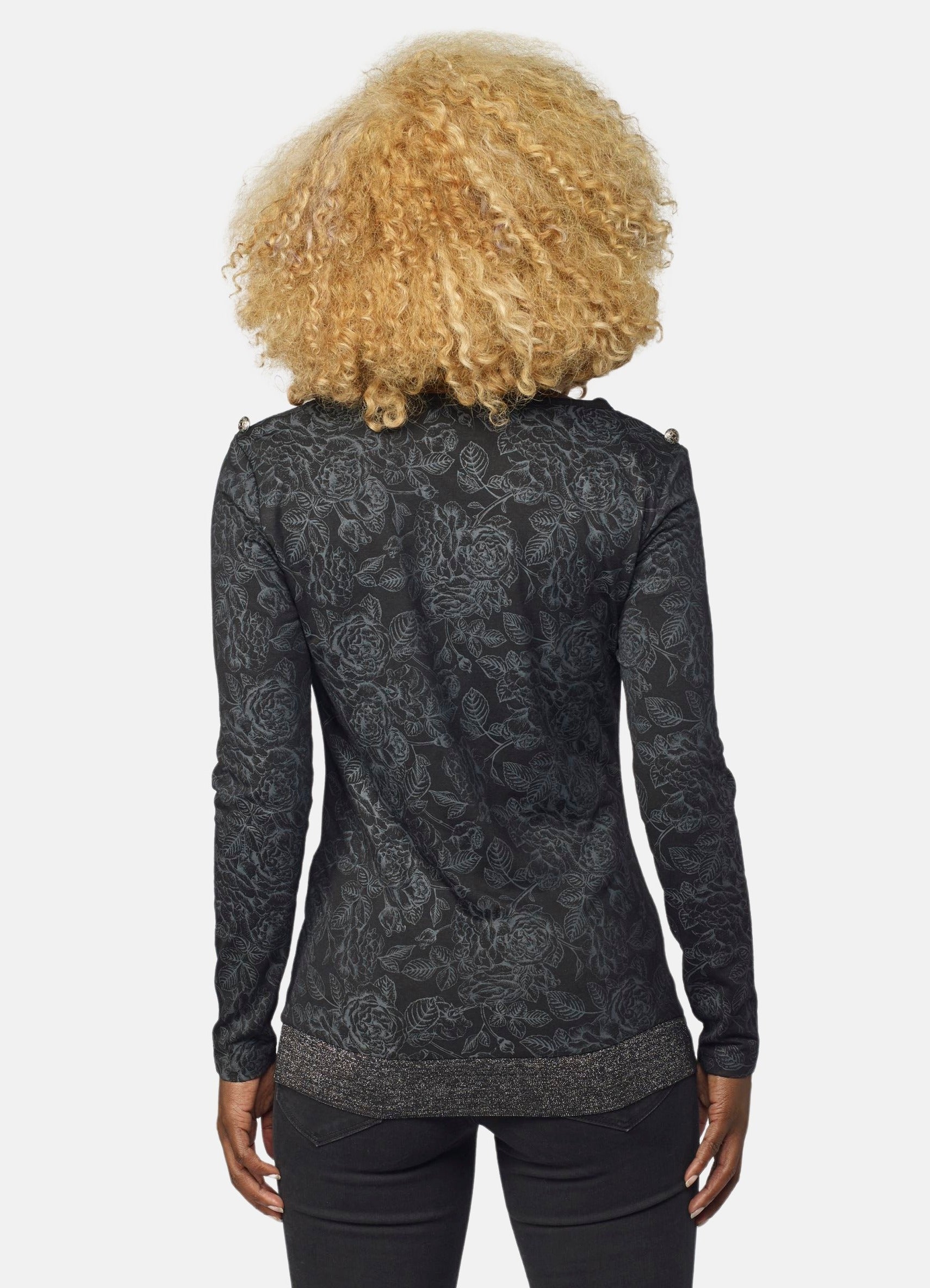 Camiseta Manga Larga Mujer Foil y Brillantes Escote Drapeado – Koroshi Negra