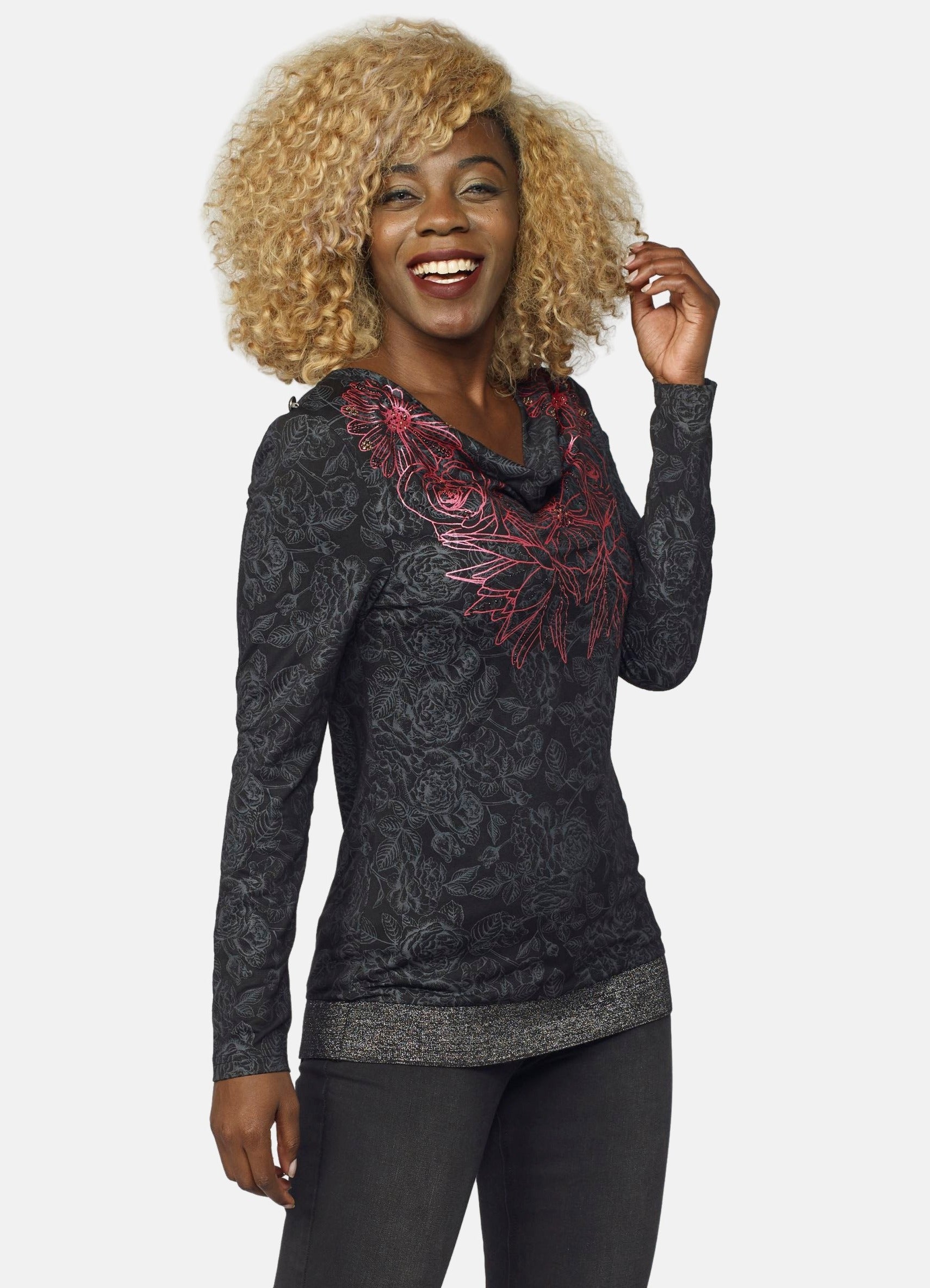 Camiseta Manga Larga Mujer Foil y Brillantes Escote Drapeado – Koroshi Negra