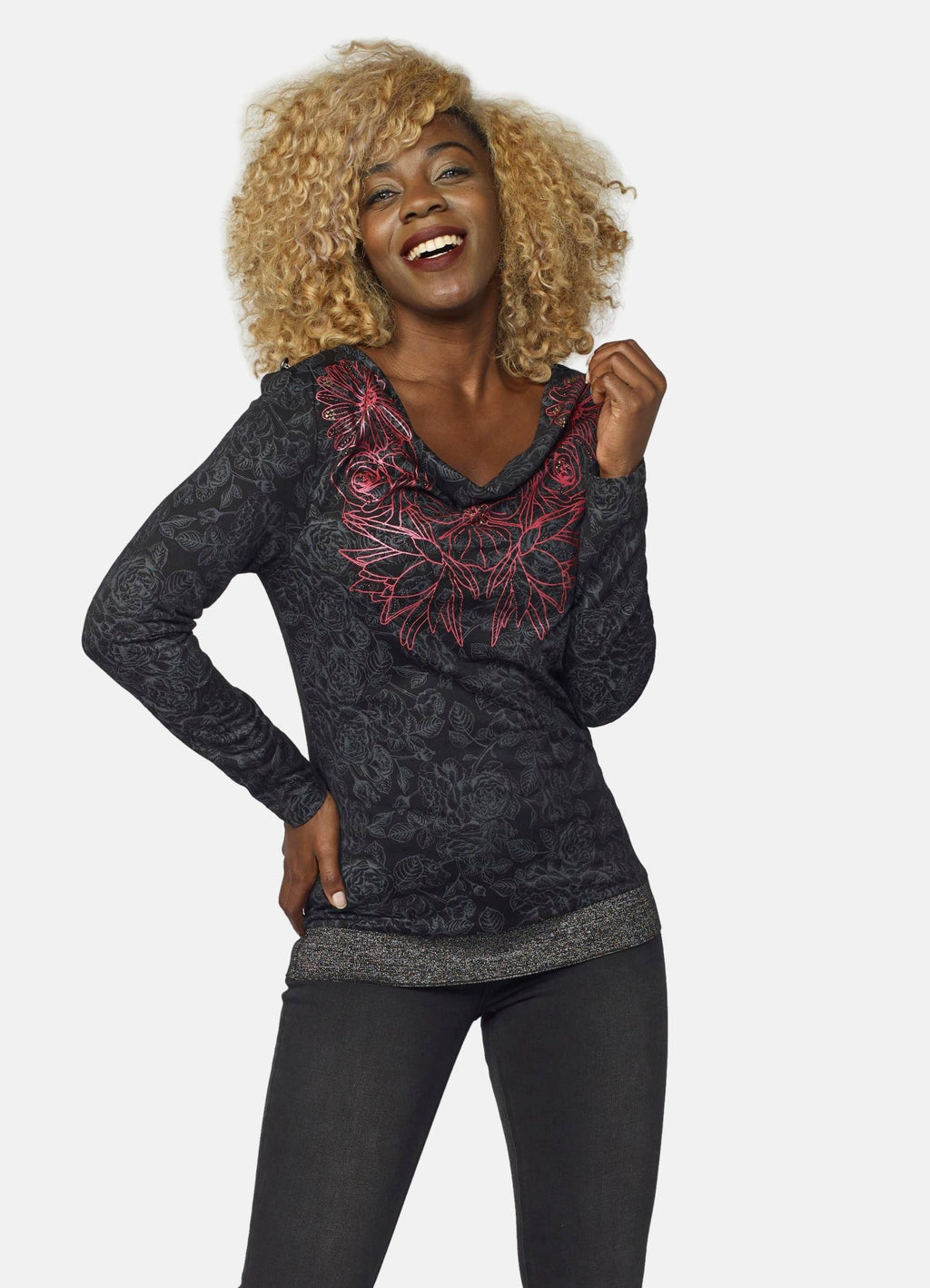 Camiseta Manga Larga Mujer Foil y Brillantes Escote Drapeado – Koroshi Negra