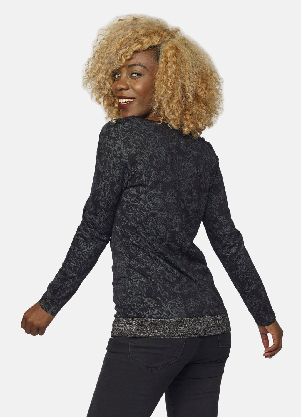 Camiseta Manga Larga Mujer Foil y Brillantes Escote Drapeado – Koroshi Negra
