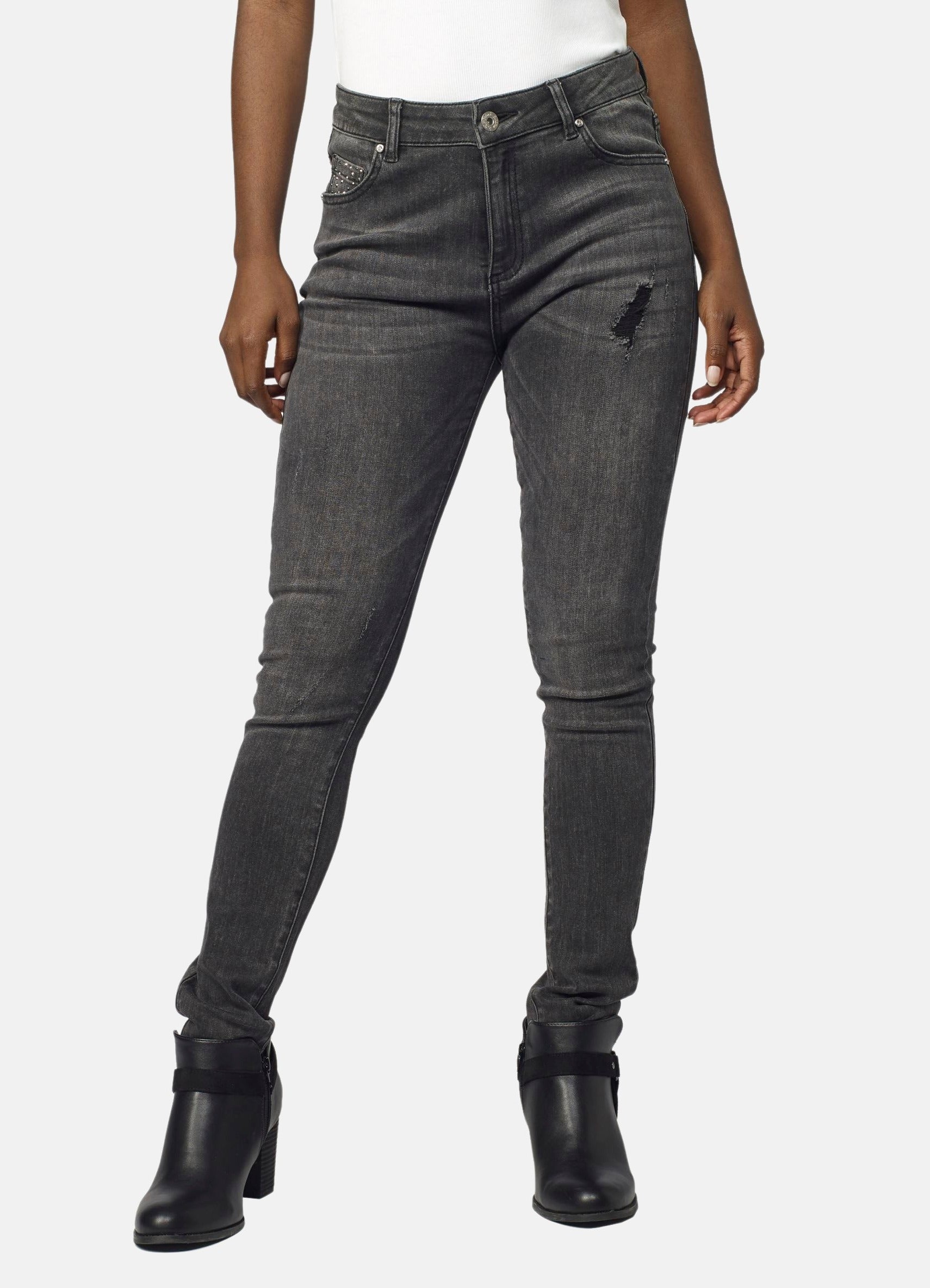 Pantalón Slim Mujer Efecto Lavado Desgastado – Koroshi Gris