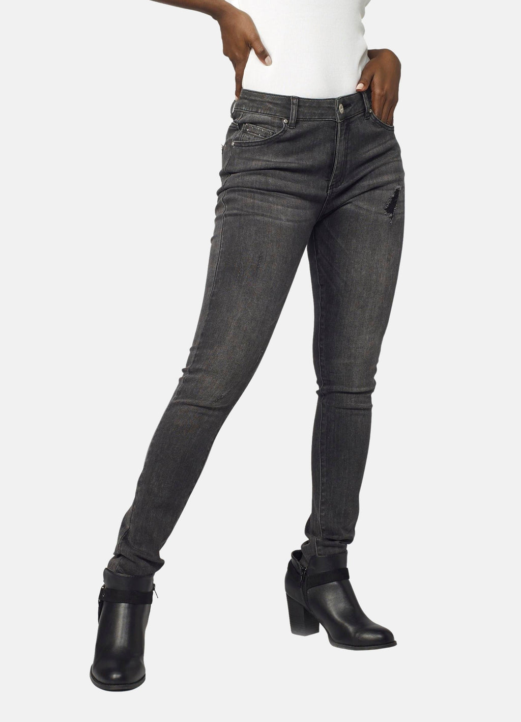 Pantalón Slim Mujer Efecto Lavado Desgastado – Koroshi Gris
