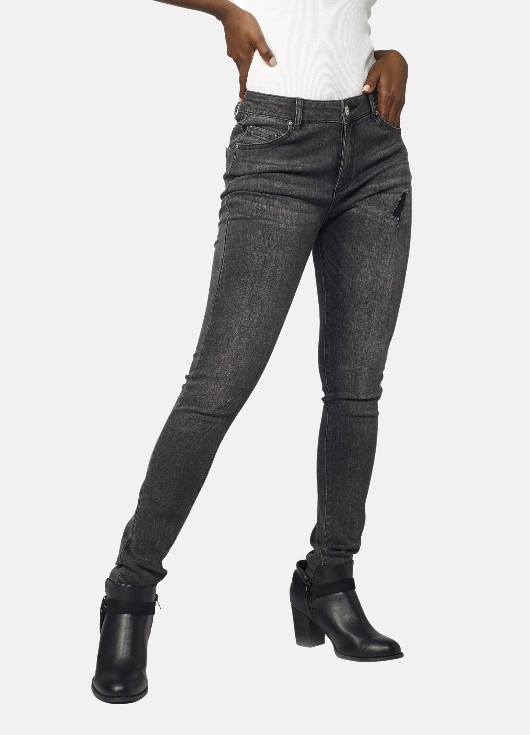 Pantalón Slim Mujer Efecto Lavado Desgastado – Koroshi Gris