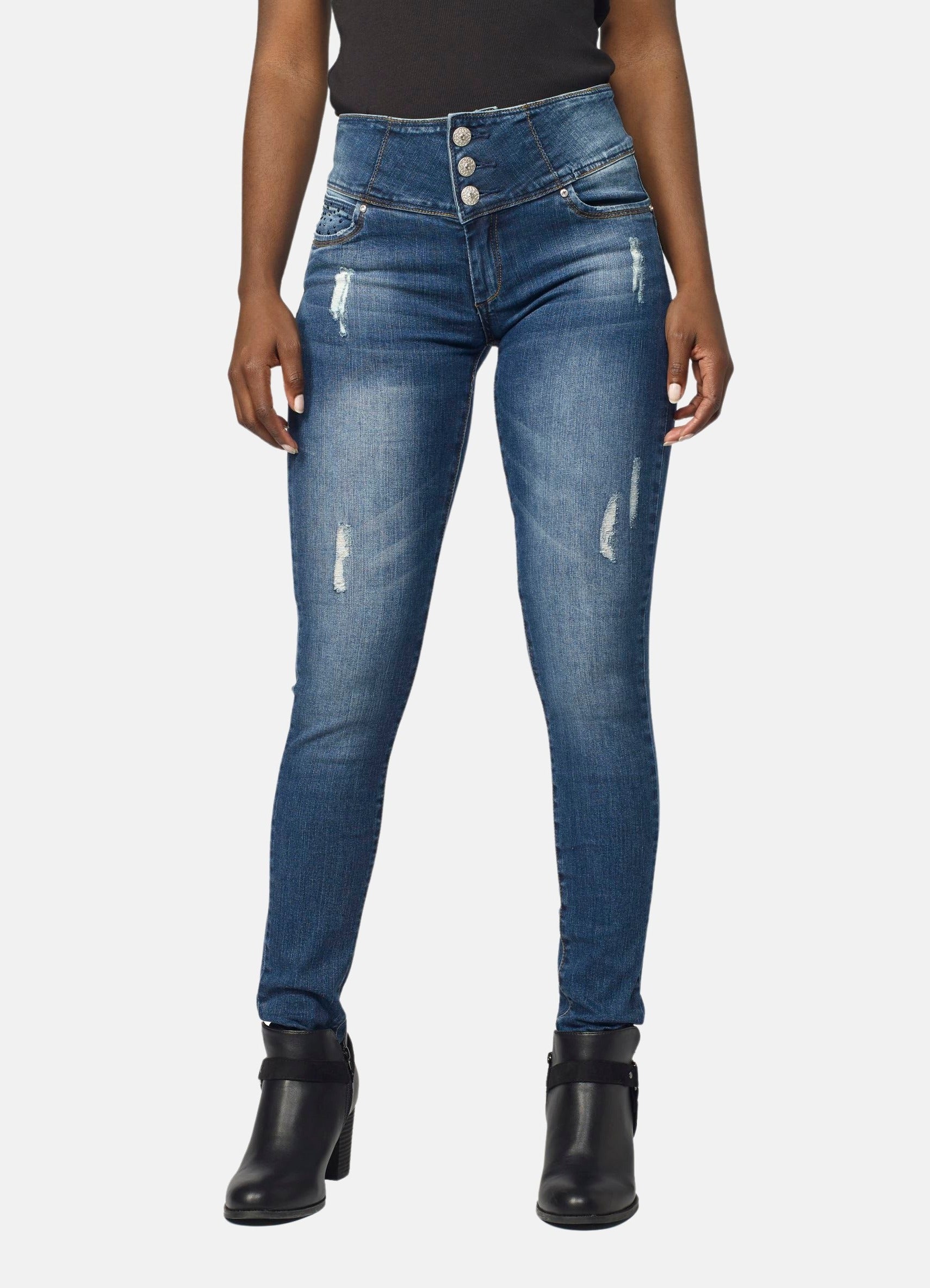 Pantalón Jeans Slim Mujer Tiro Alto con Fajín – Koroshi Azul Oscuro