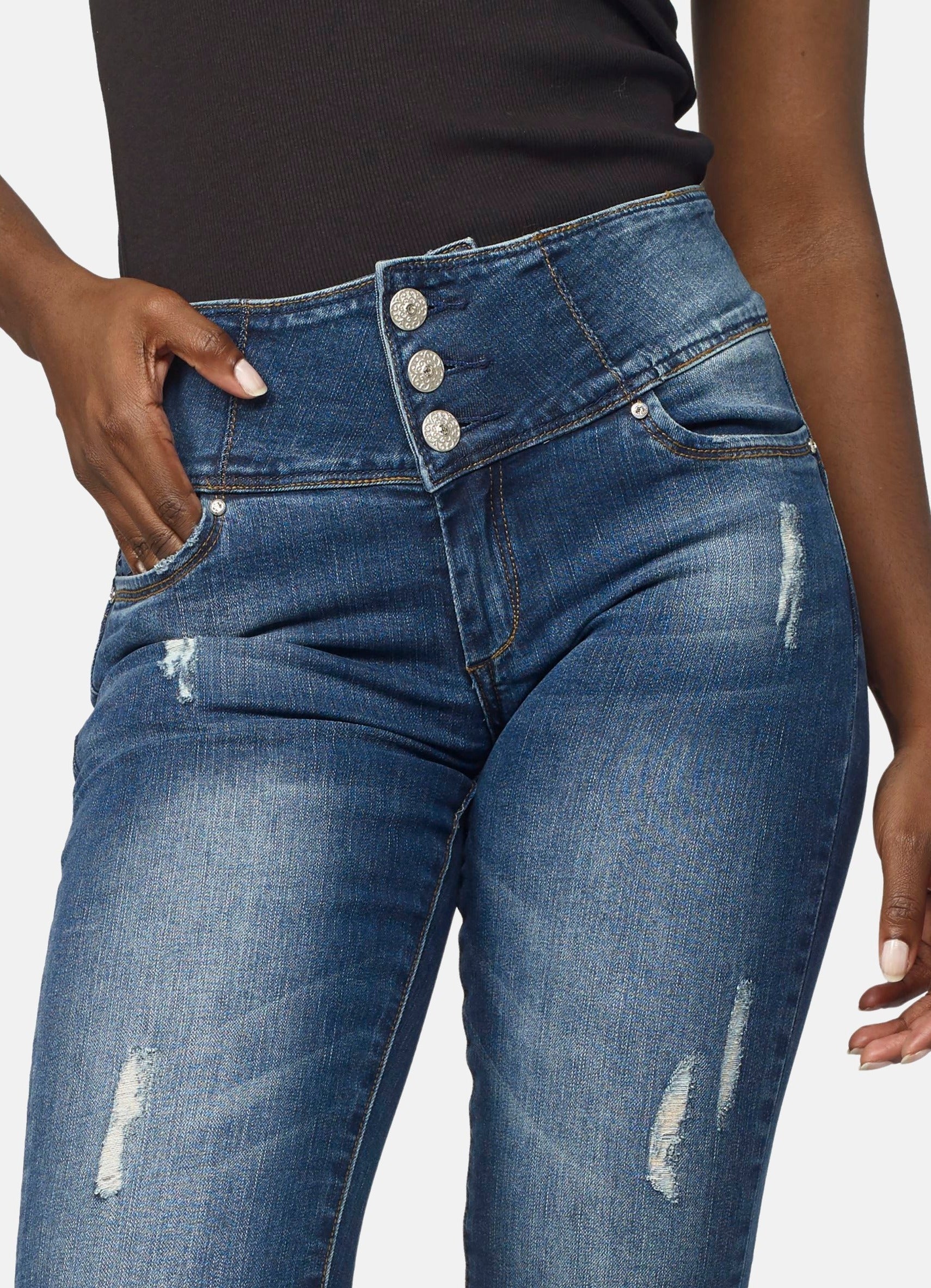 Pantalón Jeans Slim Mujer Tiro Alto con Fajín – Koroshi Azul Oscuro