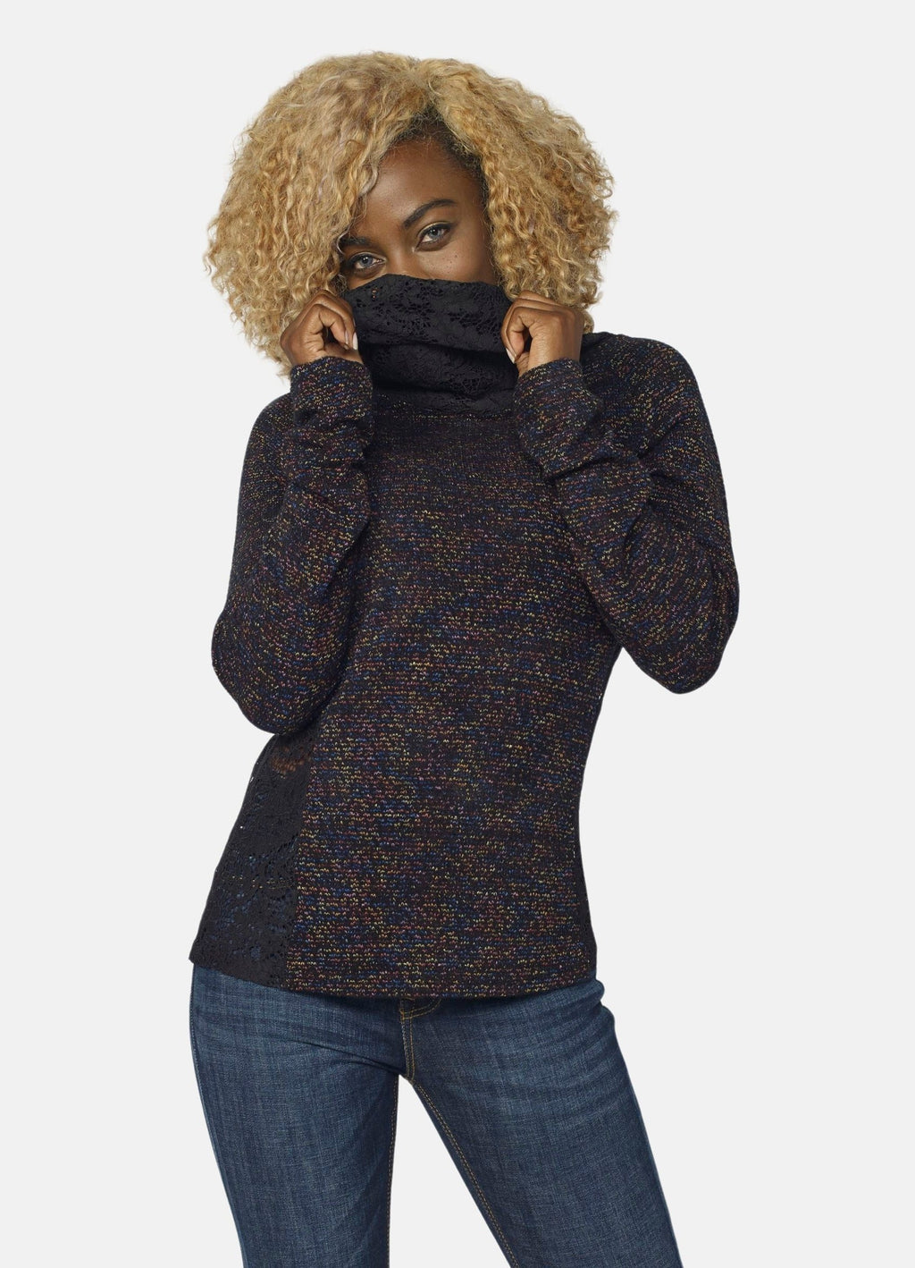 Sudadera Mujer Cuello Vuelto con Blonda – Koroshi Negro