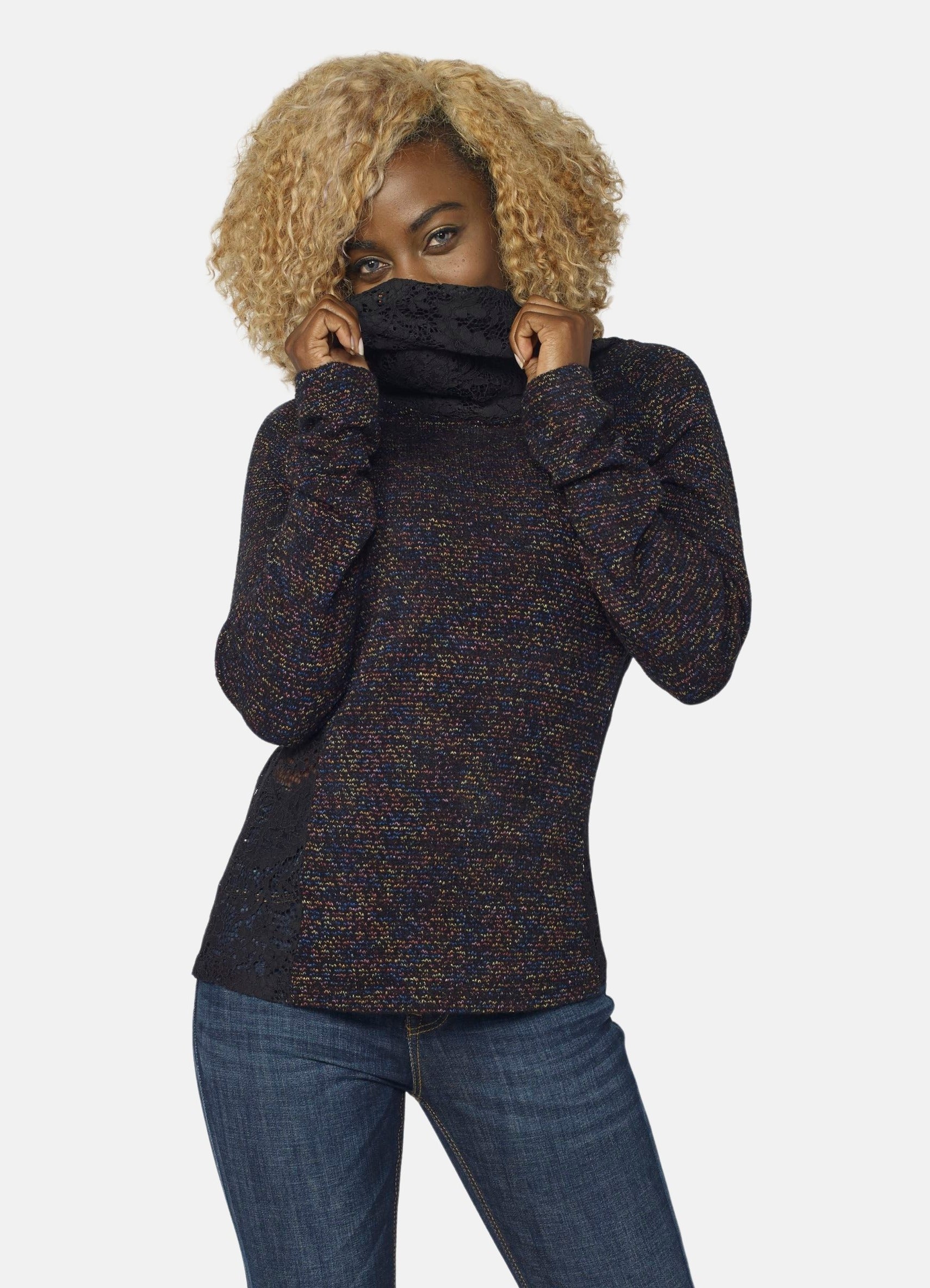 Sudadera Mujer Cuello Vuelto con Blonda – Koroshi Negro