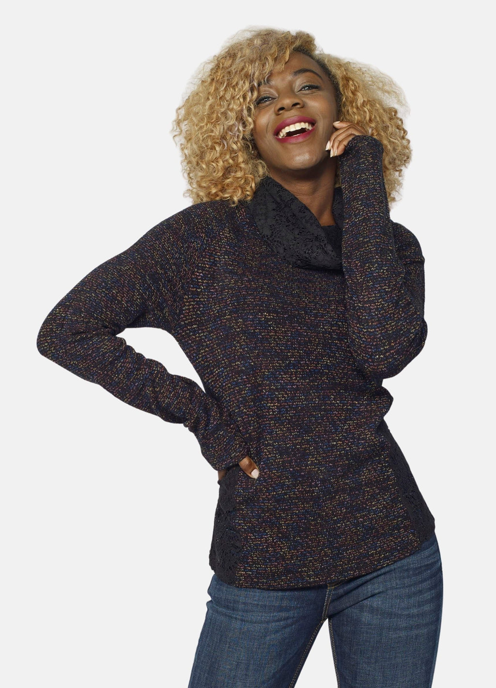 Sudadera Mujer Cuello Vuelto con Blonda – Koroshi Negro