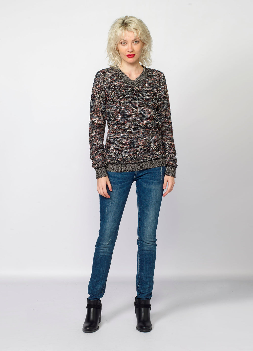 Jersey Mujer Punto Cuello Pico Jaspeado – Koroshi Multicolor