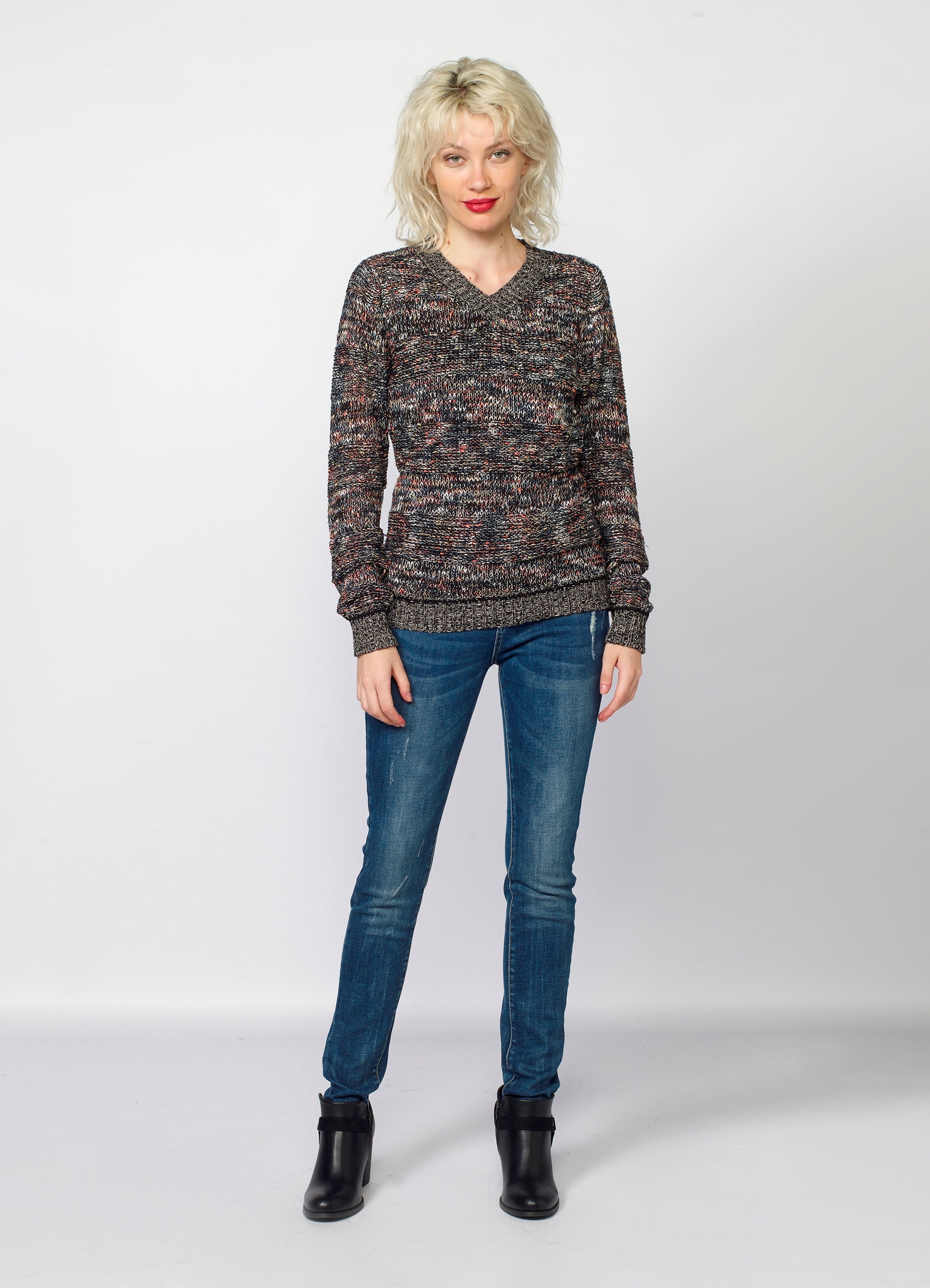 Jersey Mujer Punto Cuello Pico Jaspeado – Koroshi Multicolor