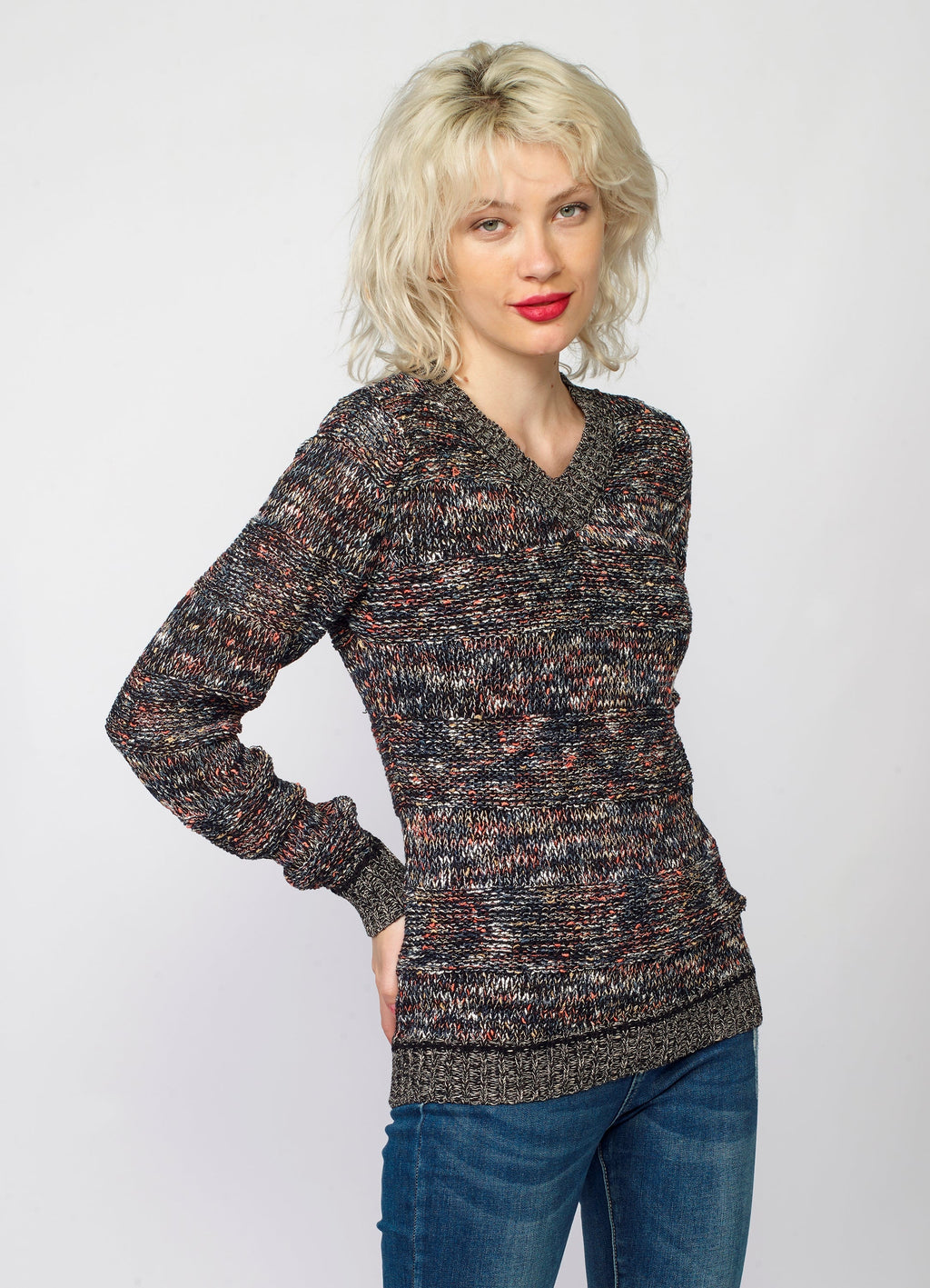 Jersey Mujer Punto Cuello Pico Jaspeado – Koroshi Multicolor