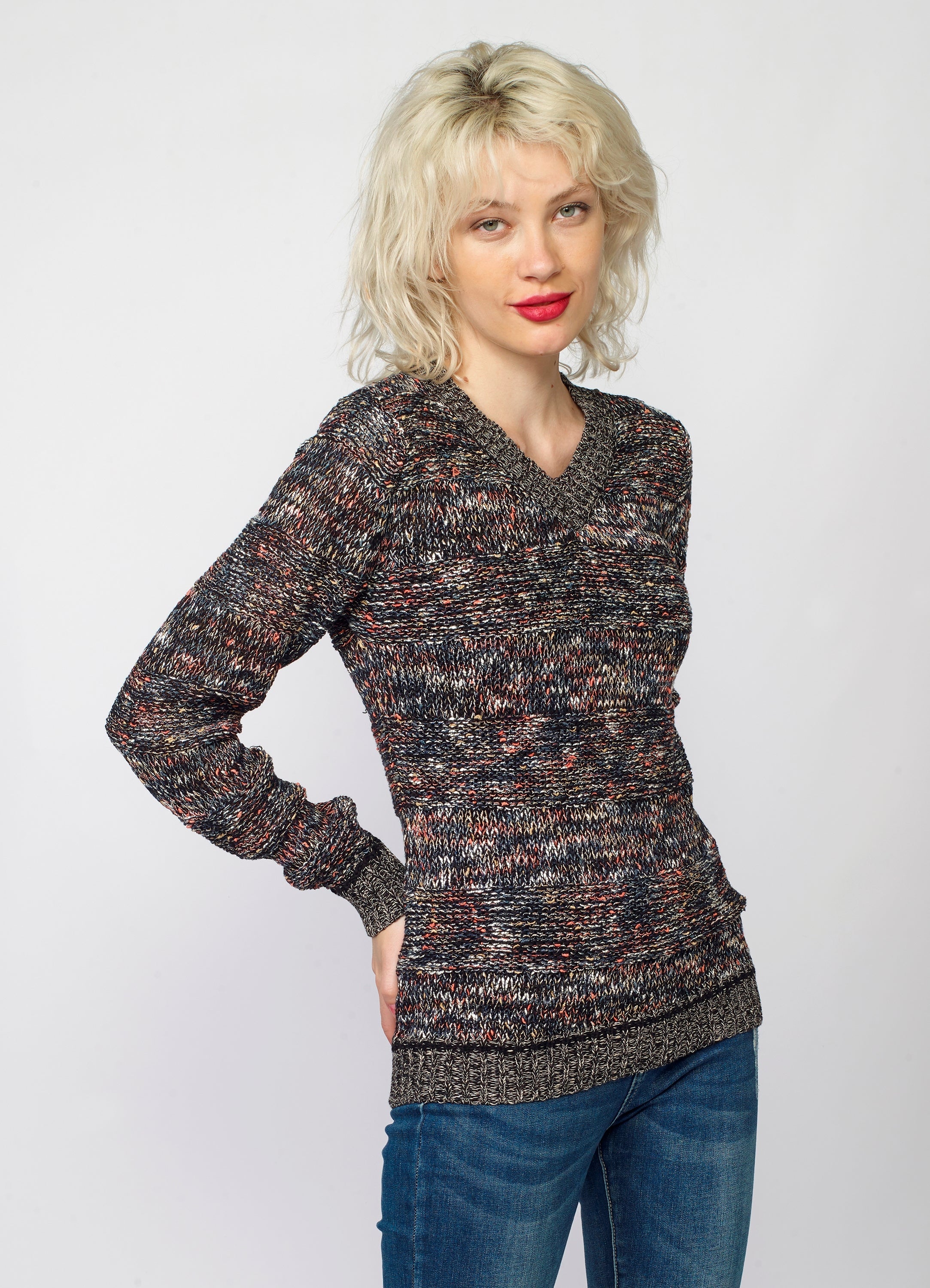 Jersey Mujer Punto Cuello Pico Jaspeado – Koroshi Multicolor