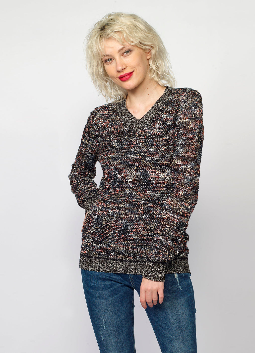 Jersey Mujer Punto Cuello Pico Jaspeado – Koroshi Multicolor