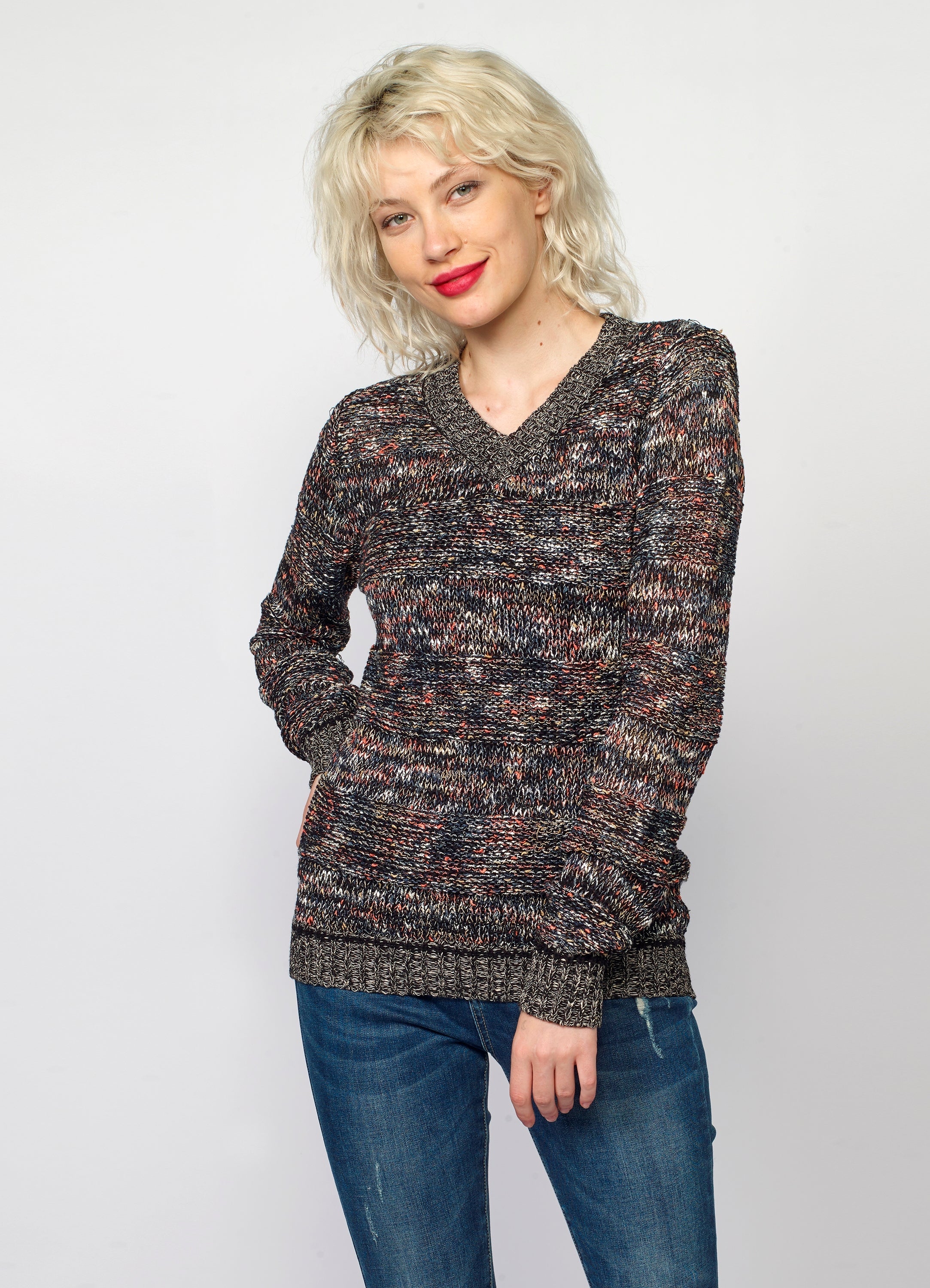 Jersey Mujer Punto Cuello Pico Jaspeado – Koroshi Multicolor
