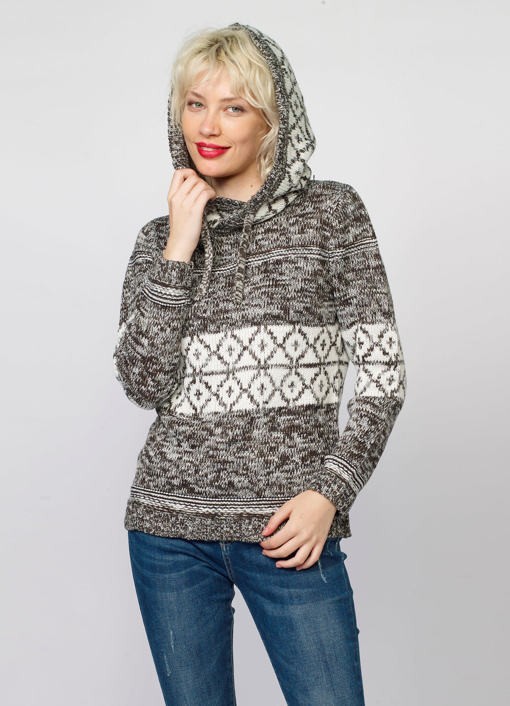 Jersey de Punto Mujer Jacquard Geométrico con Capucha – Koroshi 2022TR05