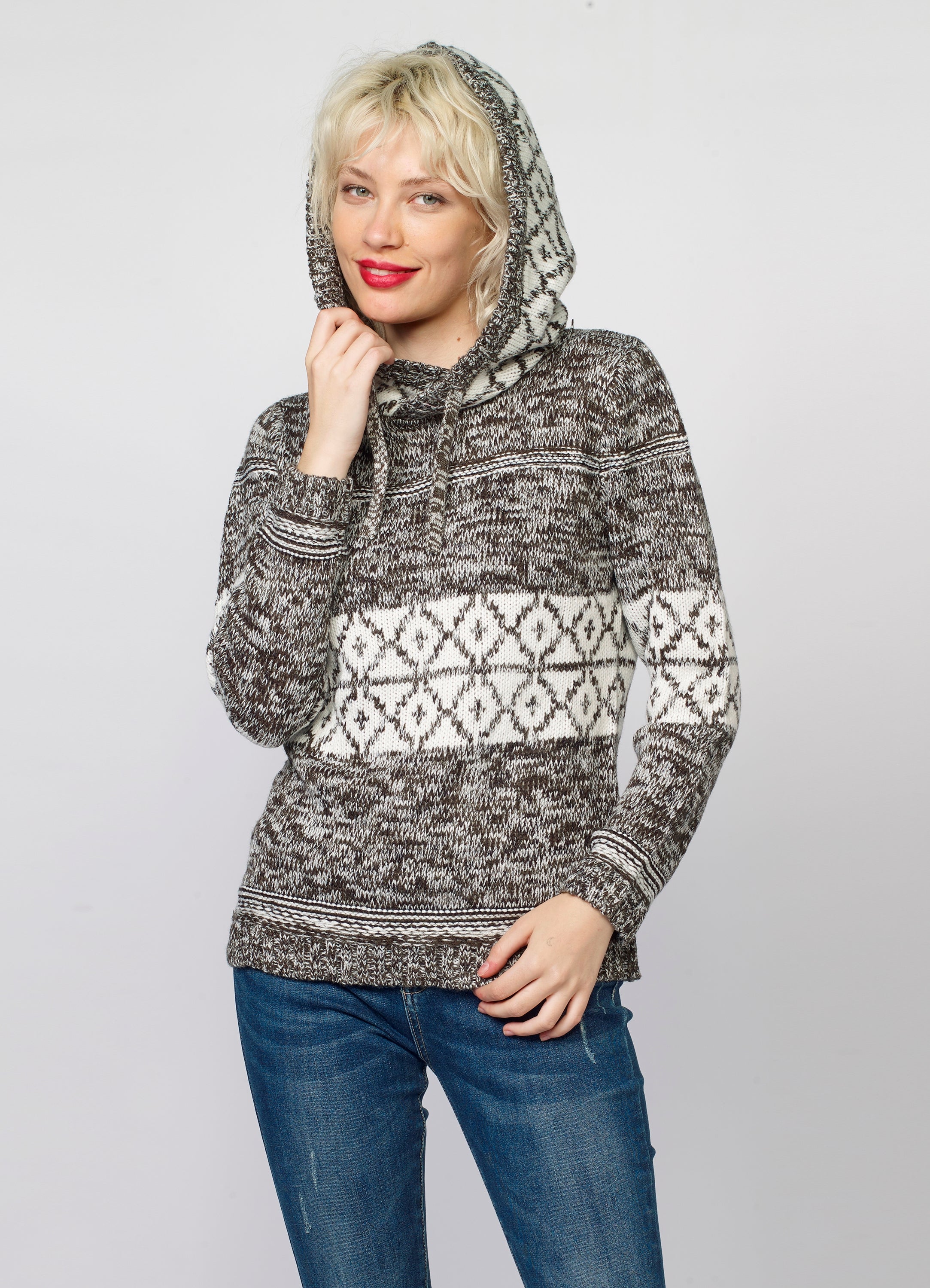 Jersey de Punto Mujer Jacquard Geométrico con Capucha – Koroshi 2022TR05