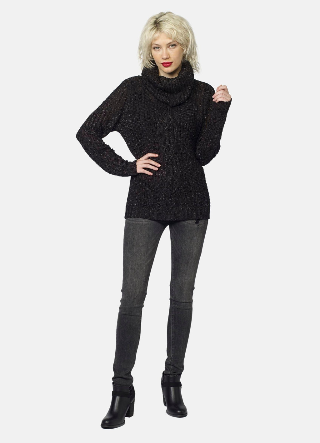 Jersey de Punto Mujer con Lurex y Trenzado Cuello Vuelto – Koroshi Negro