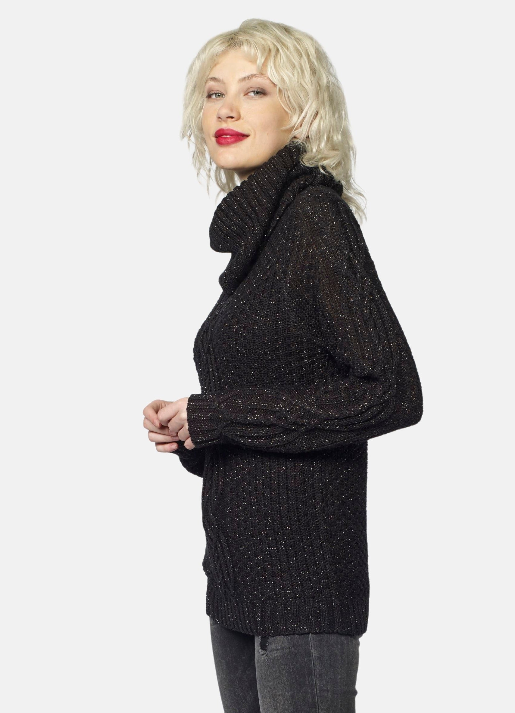 Jersey de Punto Mujer con Lurex y Trenzado Cuello Vuelto – Koroshi Negro