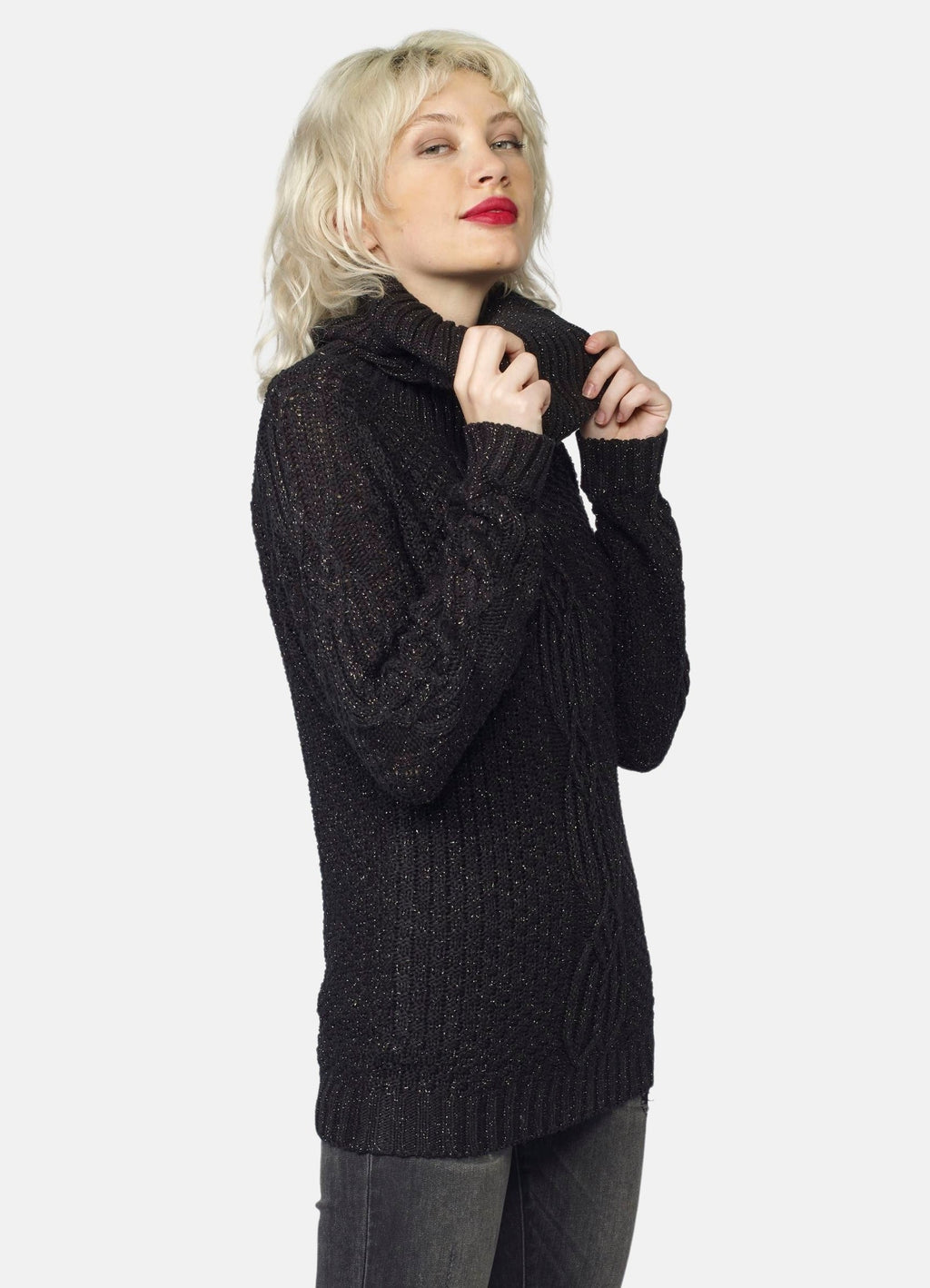 Jersey de Punto Mujer con Lurex y Trenzado Cuello Vuelto – Koroshi Negro