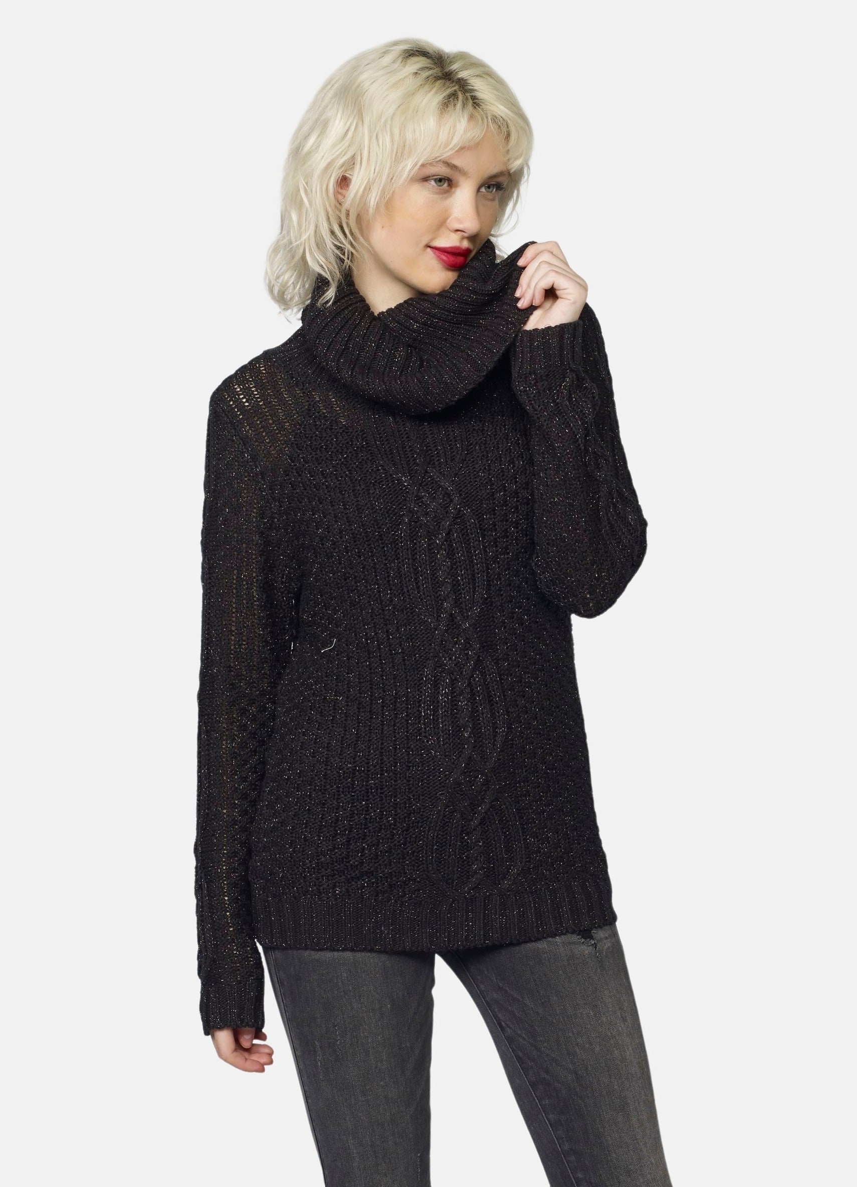 Jersey de Punto Mujer con Lurex y Trenzado Cuello Vuelto – Koroshi Negro