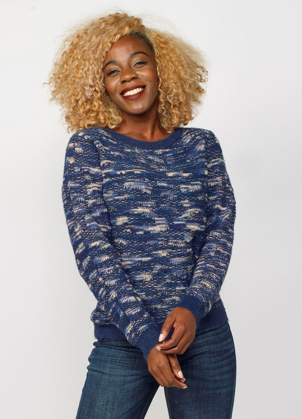 Jersey de Punto Fantasía Mujer Cuello Redondo – Koroshi Azul Marino