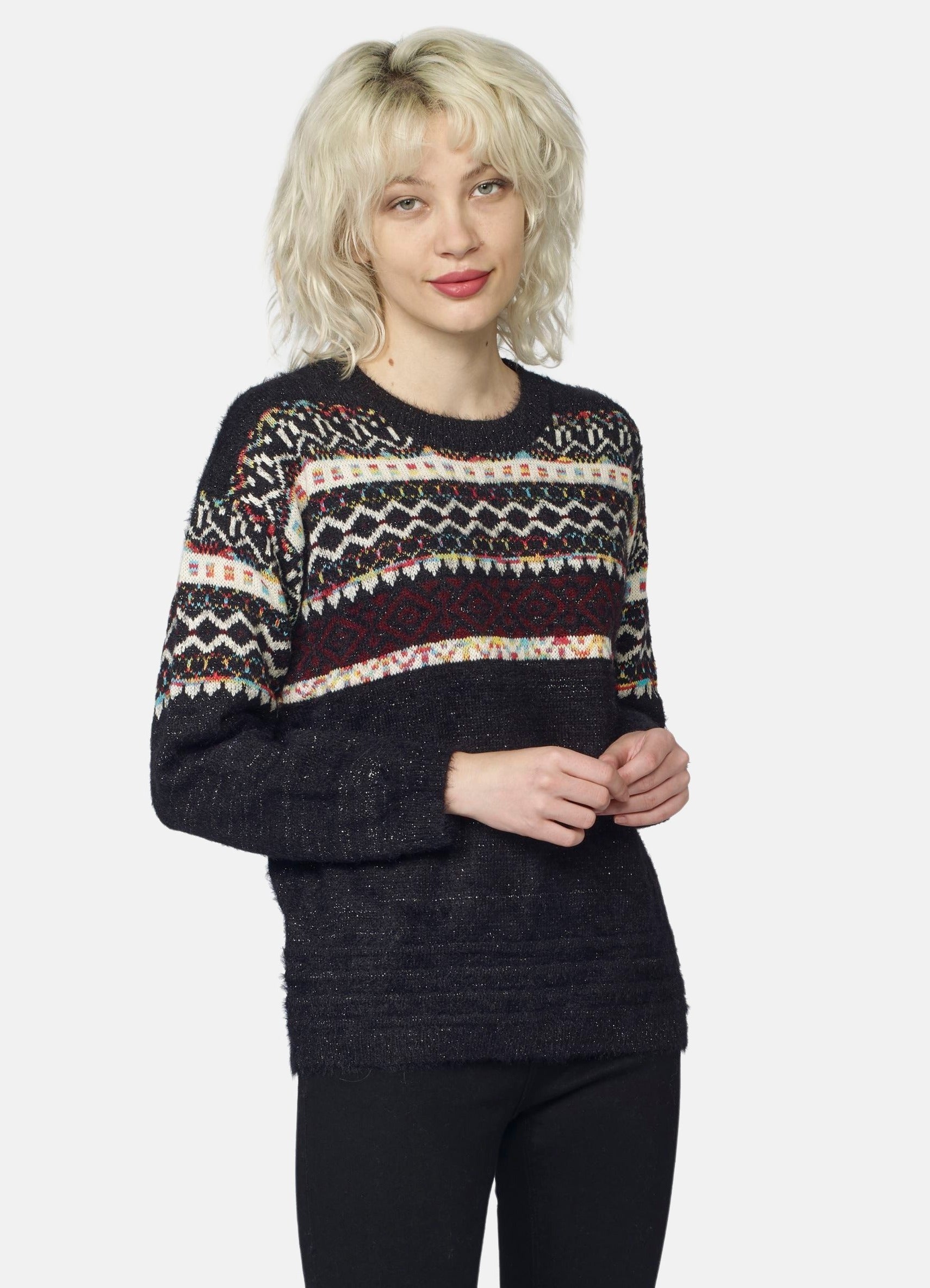 Jersey Jacquard con Lurex Mujer Cuello Redondo – Koroshi Negro