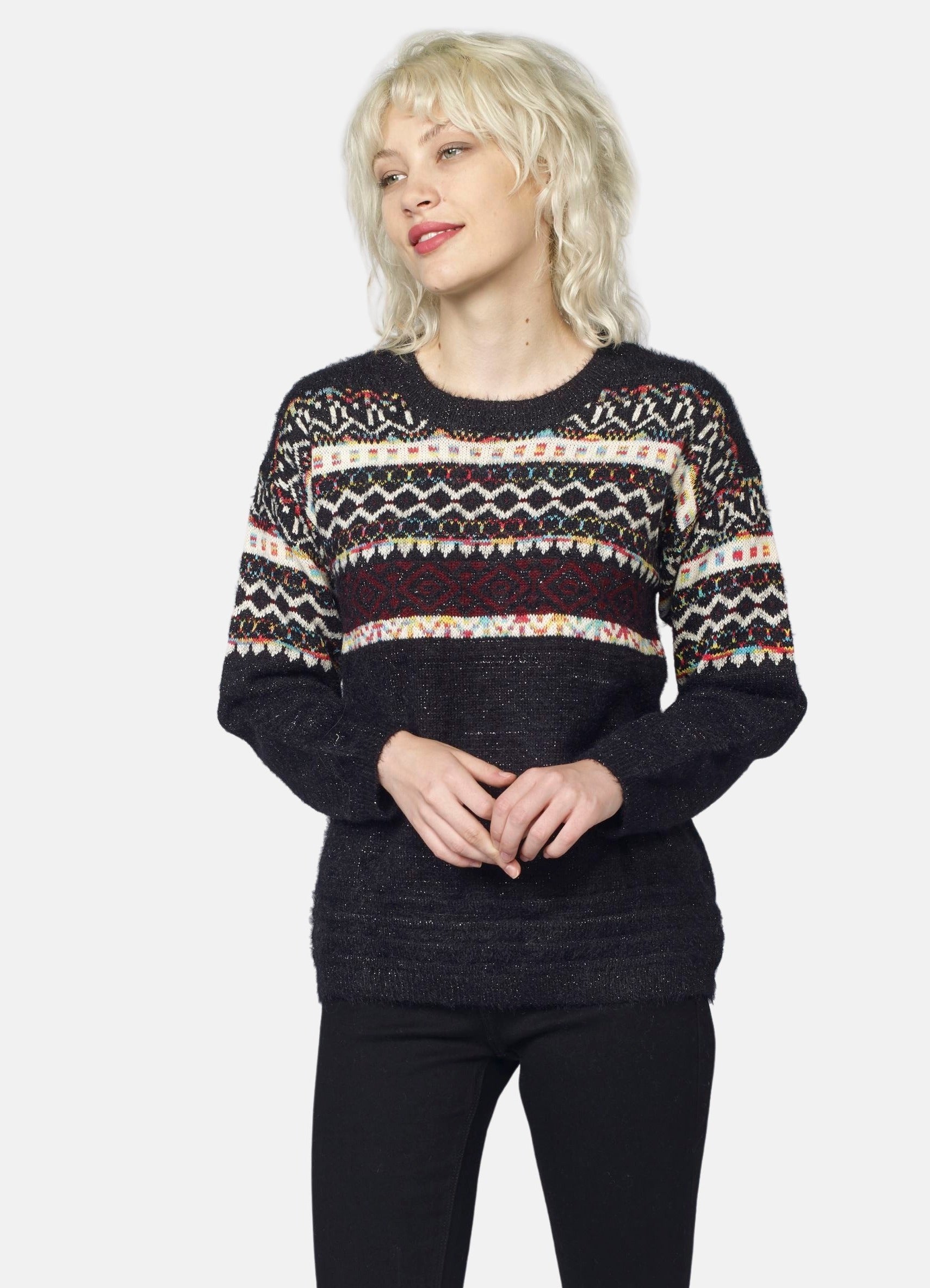 Jersey Jacquard con Lurex Mujer Cuello Redondo – Koroshi Negro