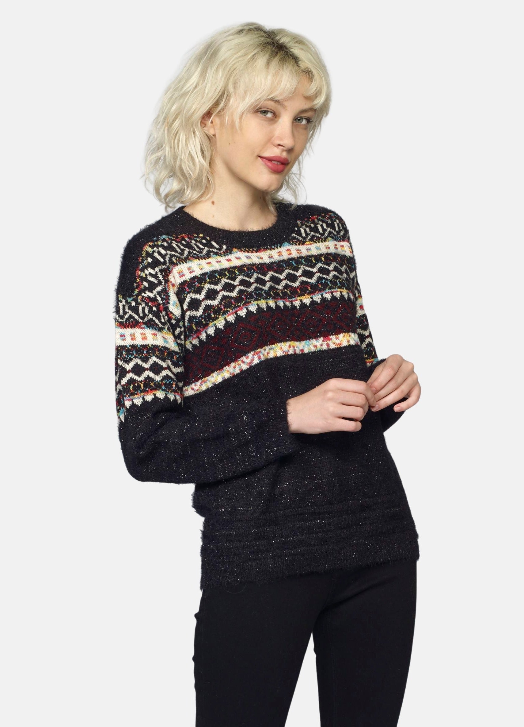 Jersey Jacquard con Lurex Mujer Cuello Redondo – Koroshi Negro