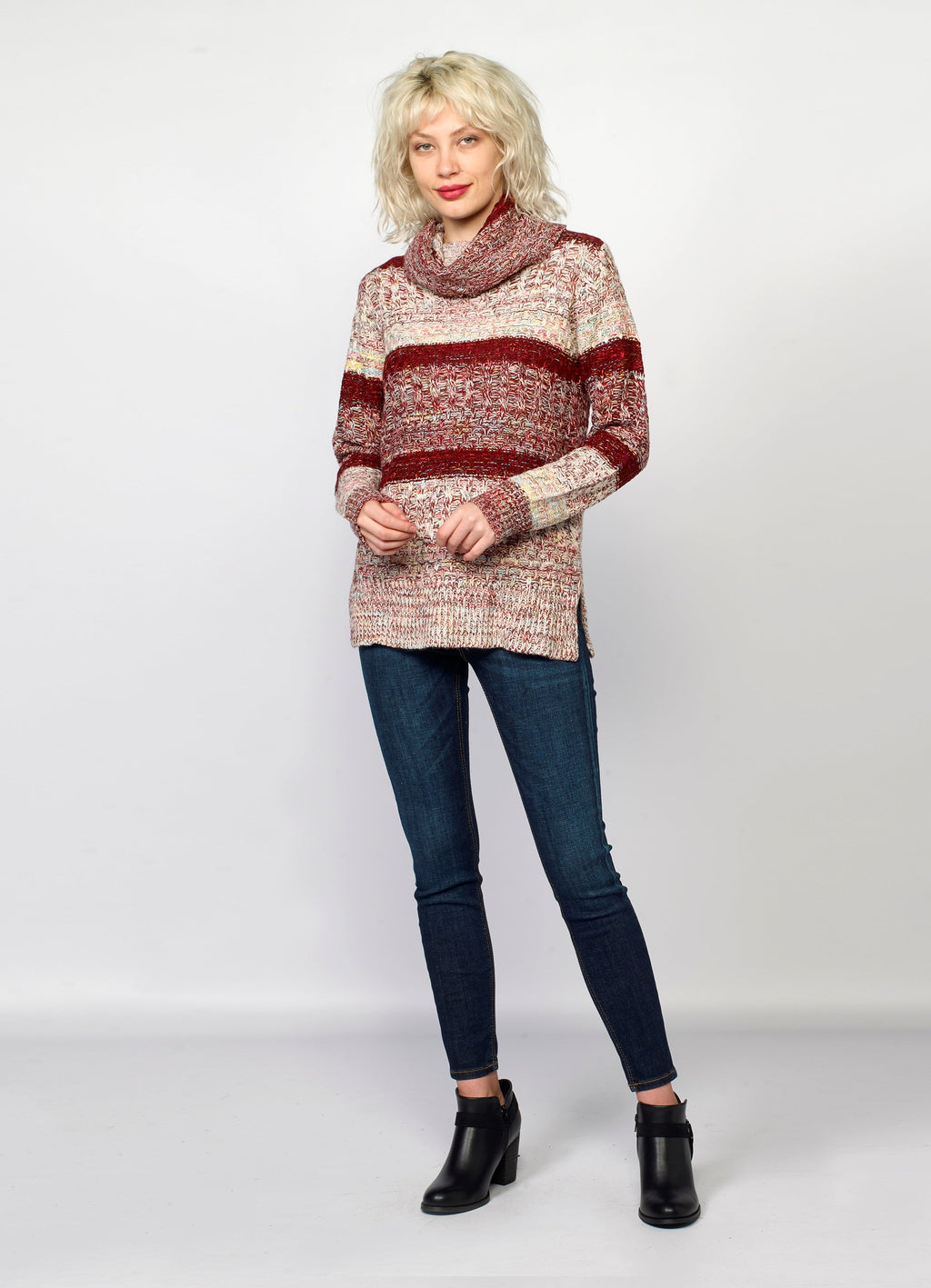 Jersey de Rayas Cuello Alto Mujer Punto Fantasía – Koroshi Vino