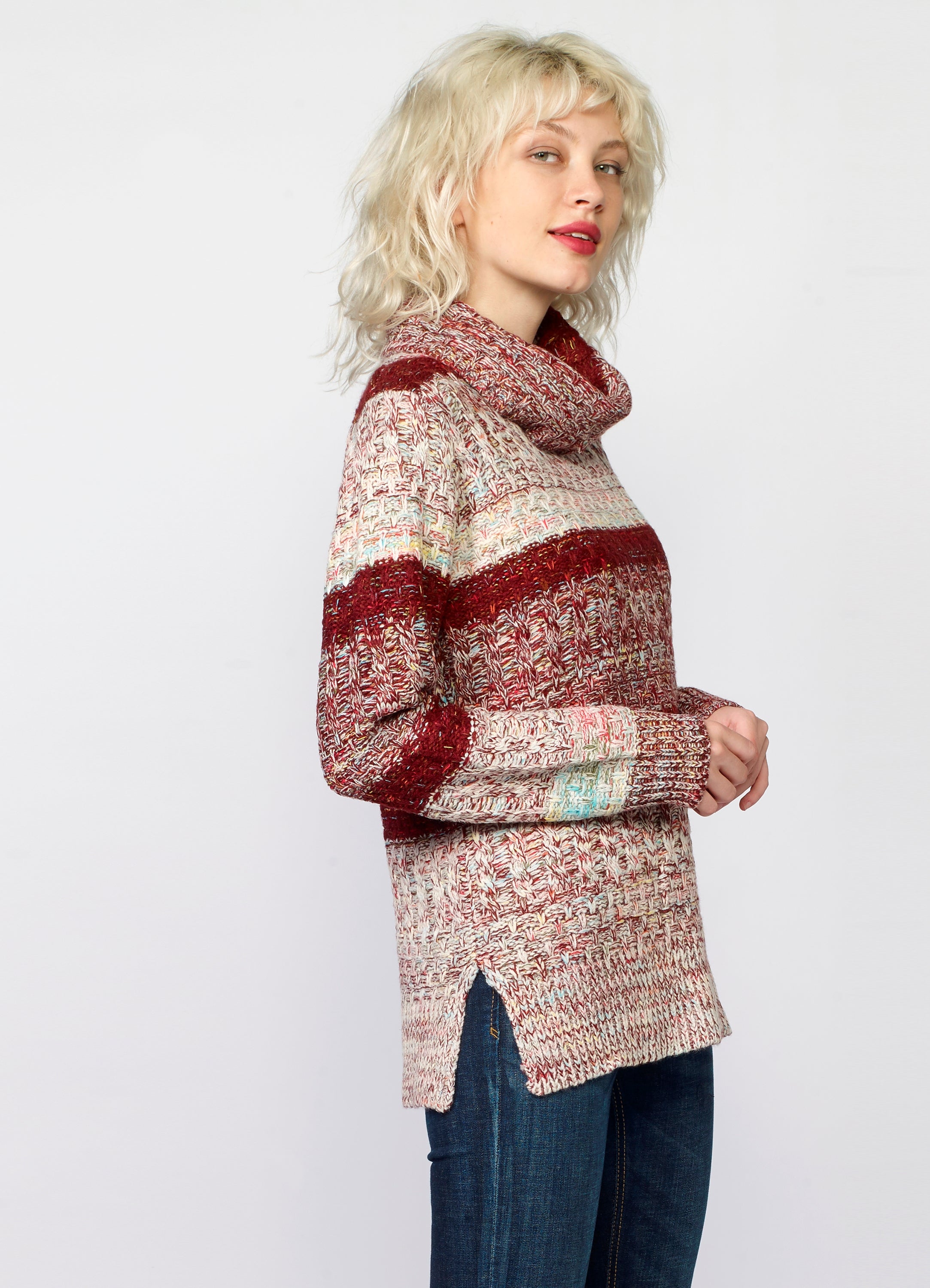 Jersey de Rayas Cuello Alto Mujer Punto Fantasía – Koroshi Vino