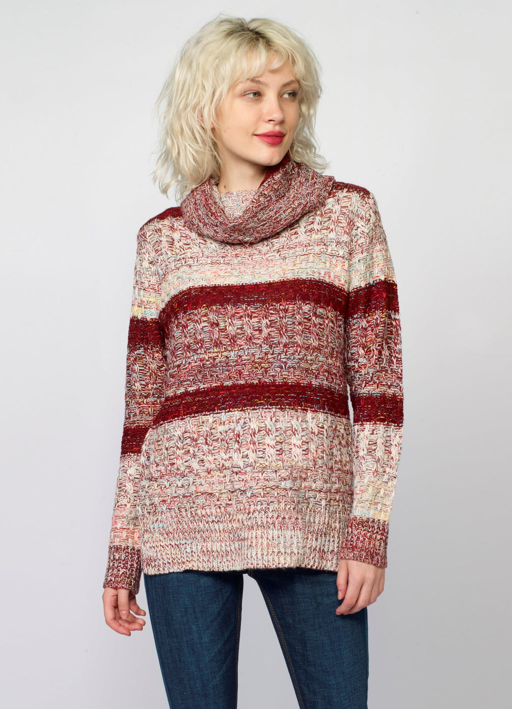 Jersey de Rayas Cuello Alto Mujer Punto Fantasía – Koroshi Vino