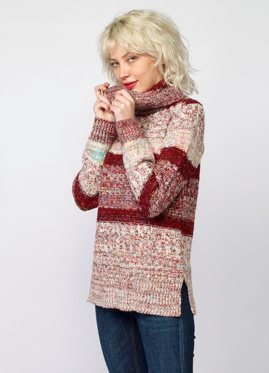 Jersey de Rayas Cuello Alto Mujer Punto Fantasía – Koroshi Vino